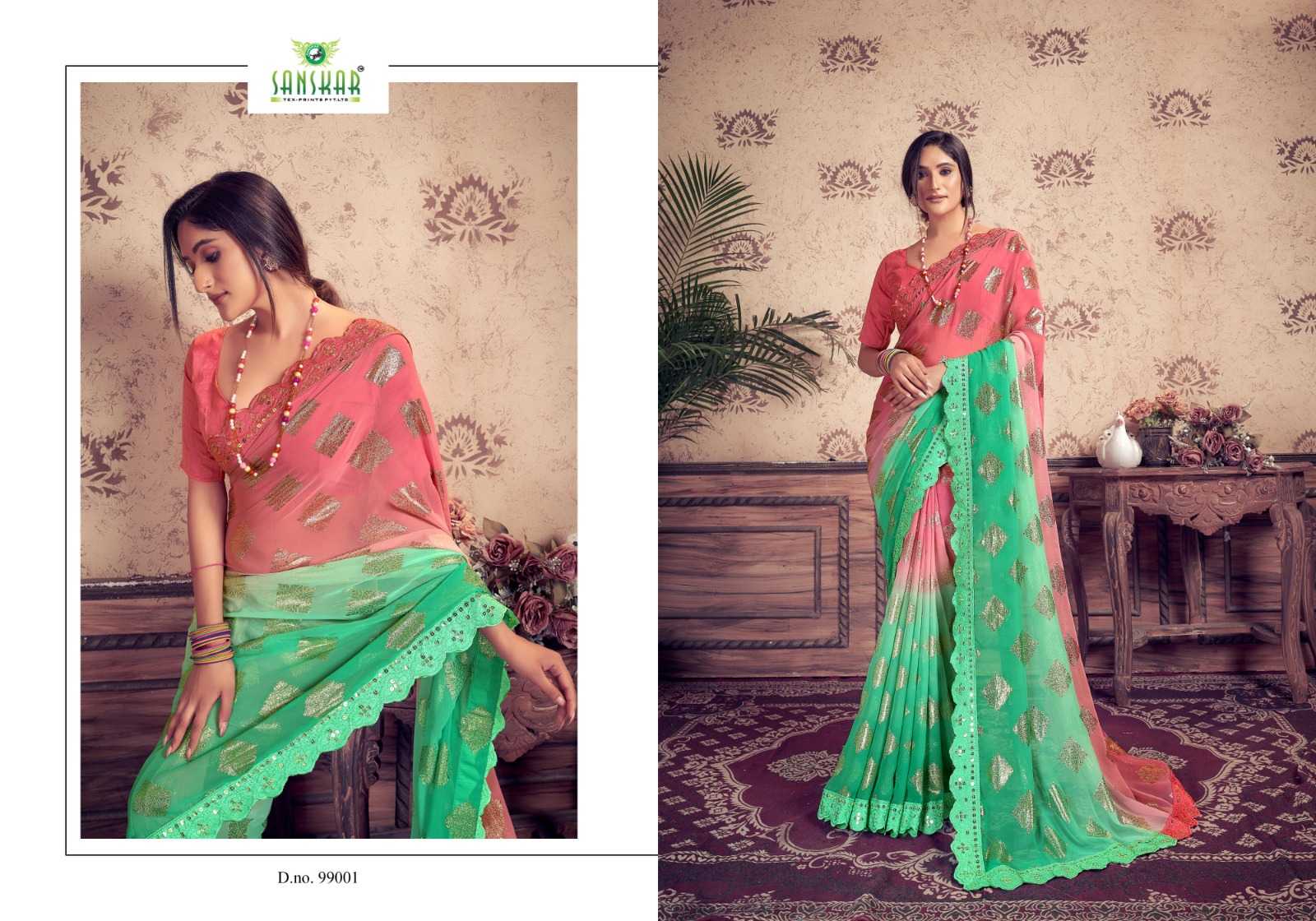 jadu by sanskar georgette weaving pettern sequence mirror embroidery work saree supplier