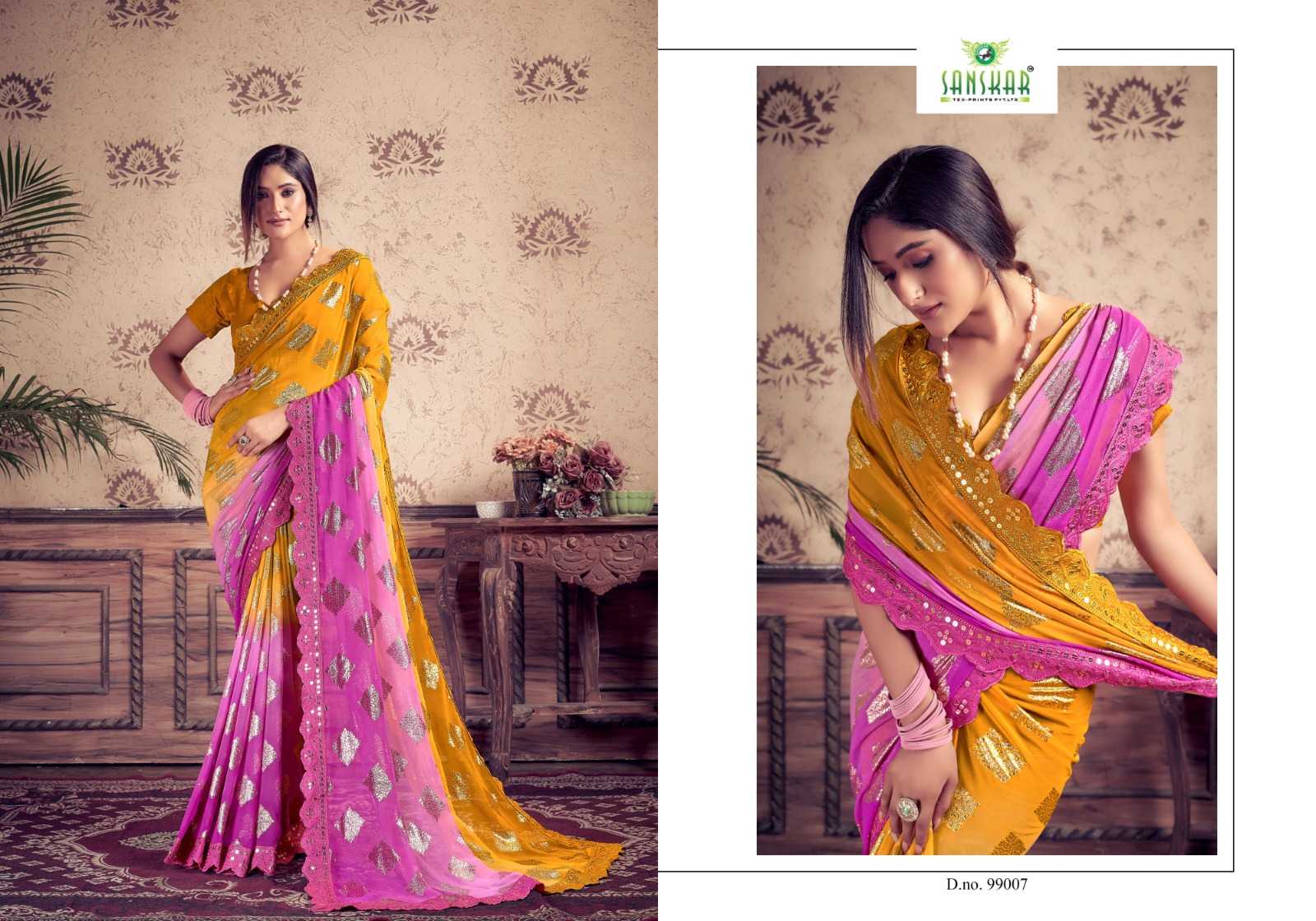 jadu by sanskar georgette weaving pettern sequence mirror embroidery work saree supplier