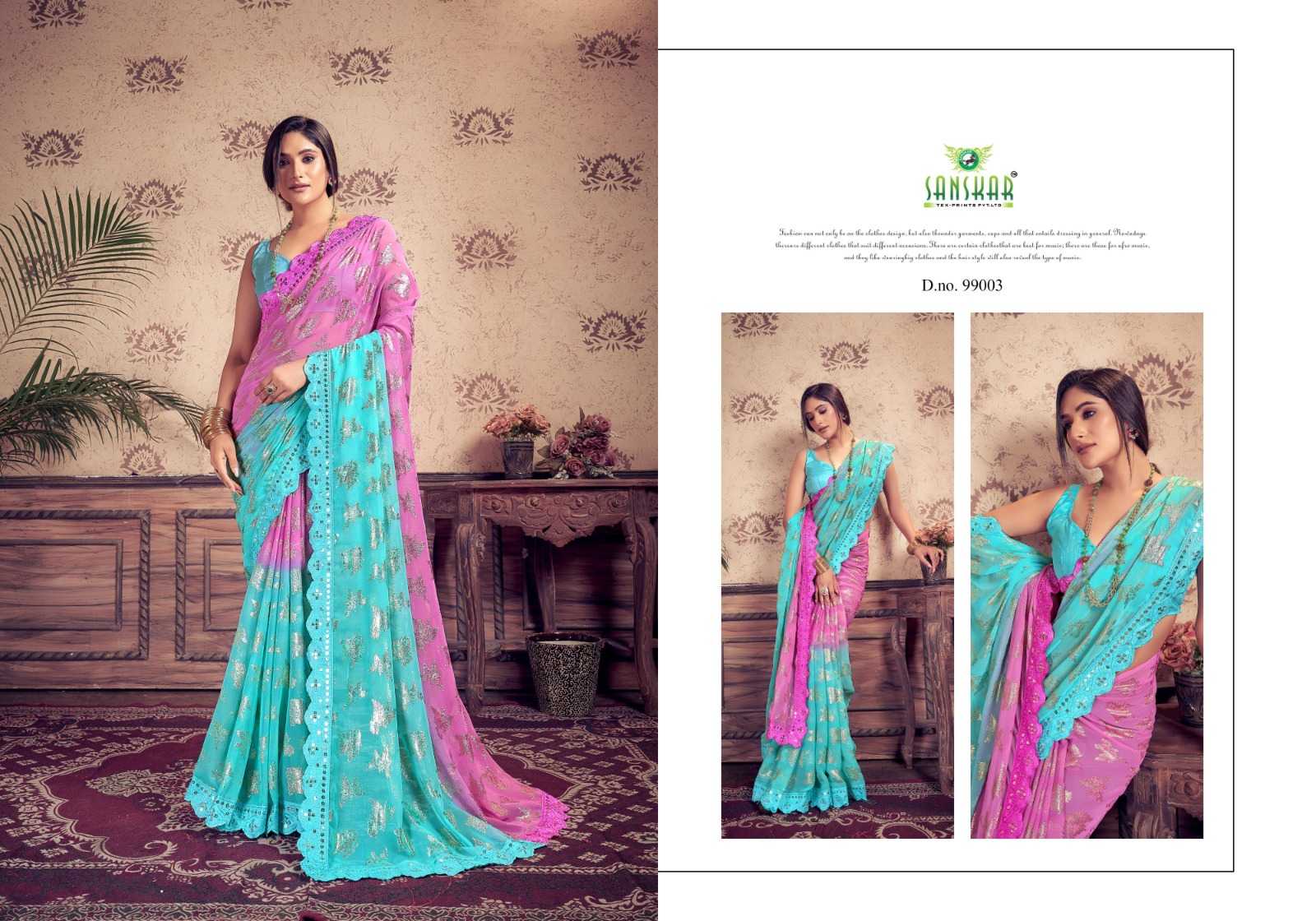 jadu by sanskar georgette weaving pettern sequence mirror embroidery work saree supplier