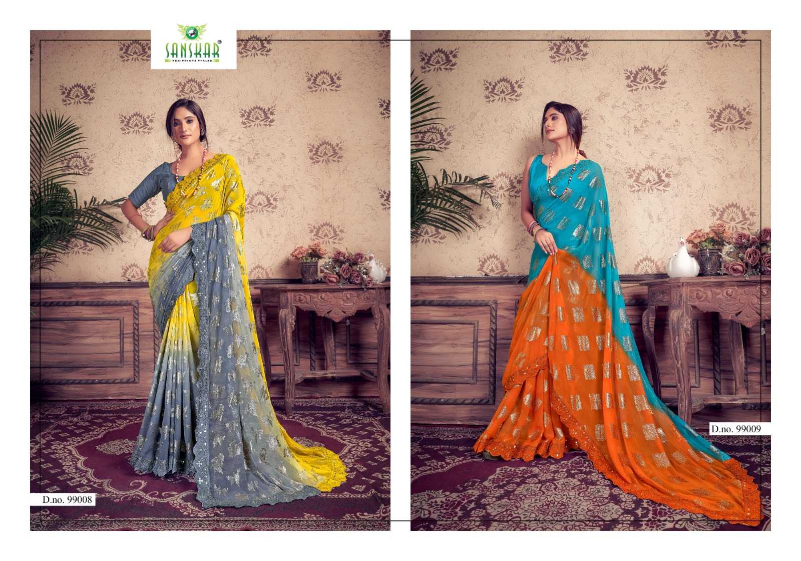 jadu by sanskar georgette weaving pettern sequence mirror embroidery work saree supplier