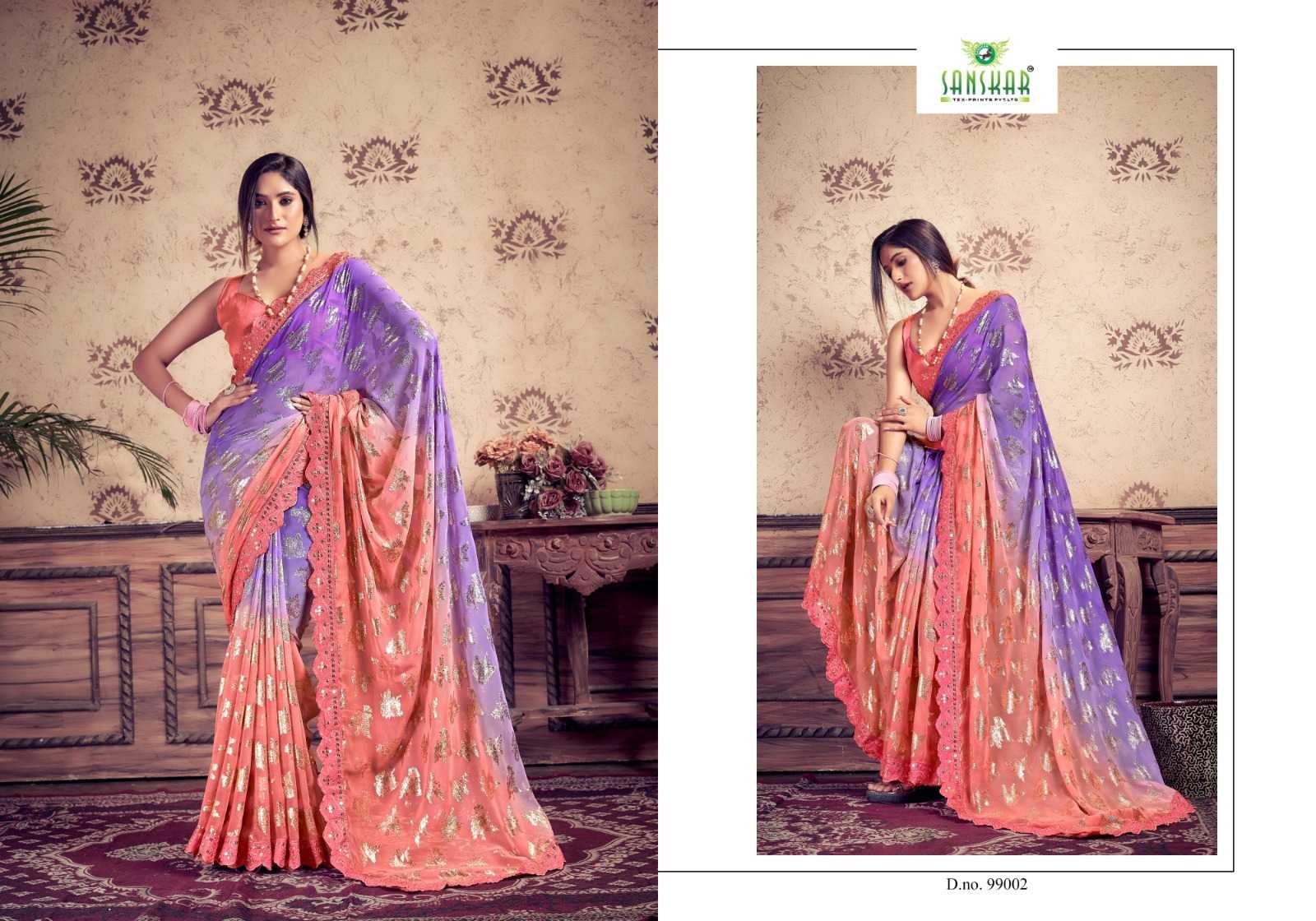 jadu by sanskar georgette weaving pettern sequence mirror embroidery work saree supplier