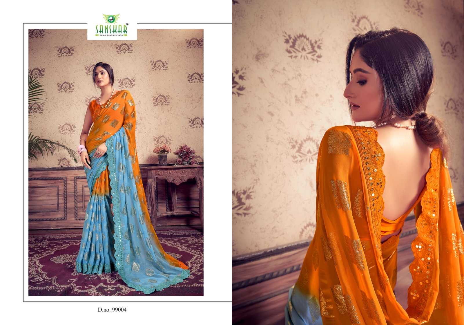 jadu by sanskar georgette weaving pettern sequence mirror embroidery work saree supplier