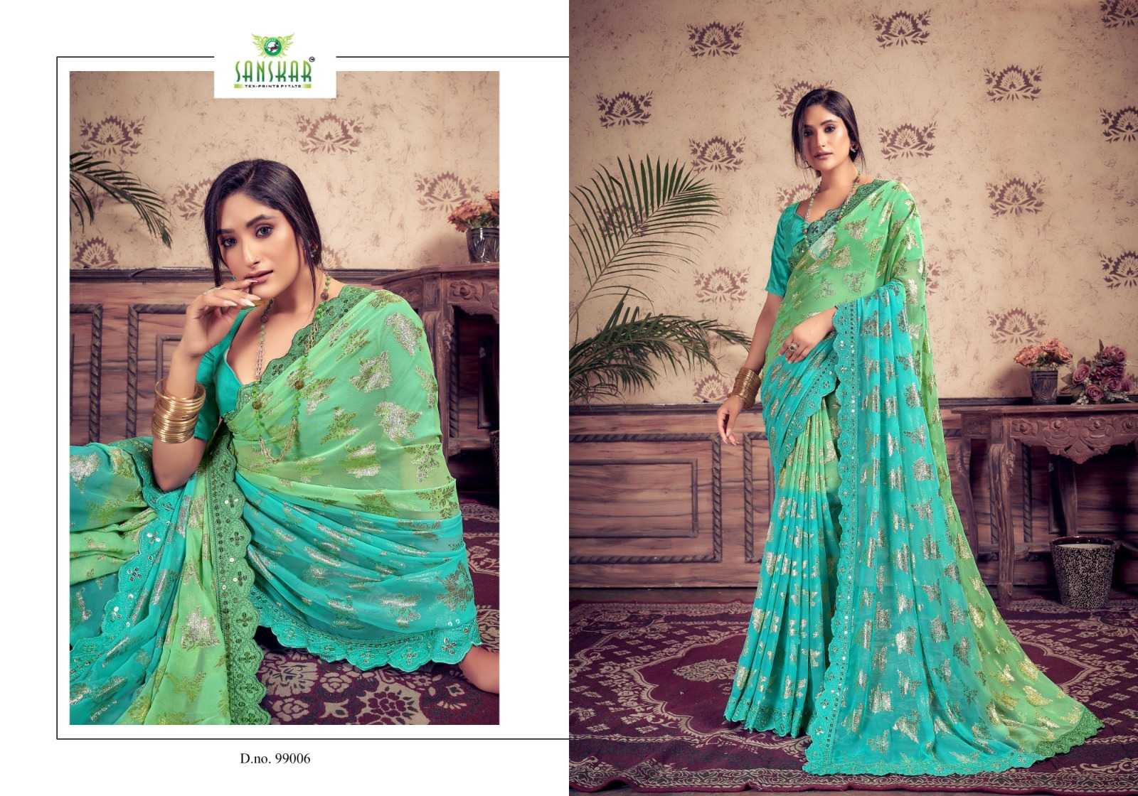 jadu by sanskar georgette weaving pettern sequence mirror embroidery work saree supplier