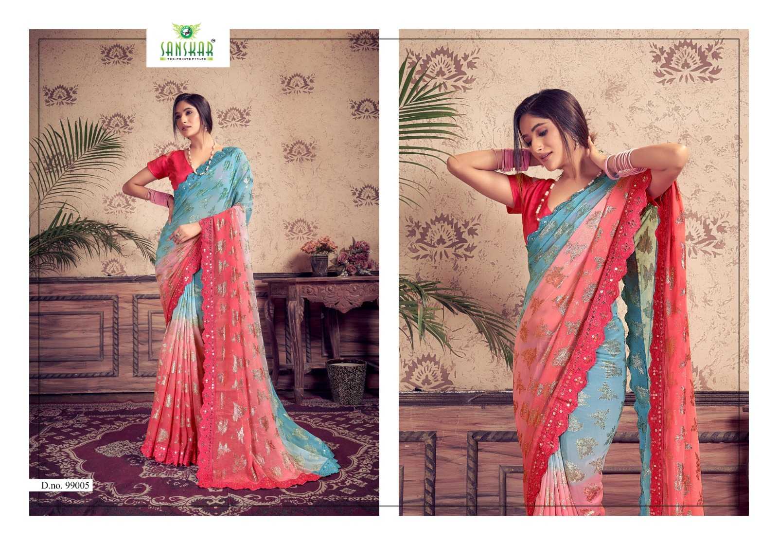 jadu by sanskar georgette weaving pettern sequence mirror embroidery work saree supplier