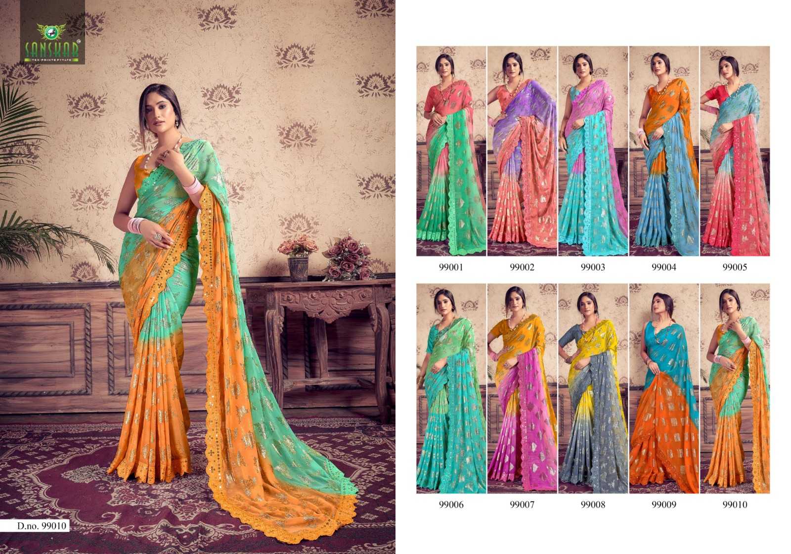jadu by sanskar georgette weaving pettern sequence mirror embroidery work saree supplier