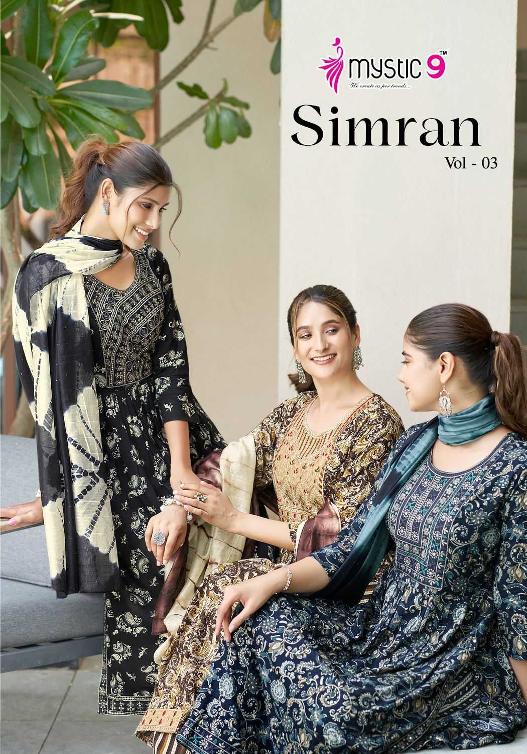 mystic9 presents simran vol 3 full stitch nyra cut style embroidery work big size salwar kameez 