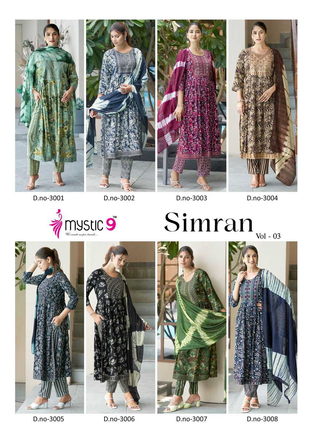 mystic9 presents simran vol 3 full stitch nyra cut style embroidery work big size salwar kameez 