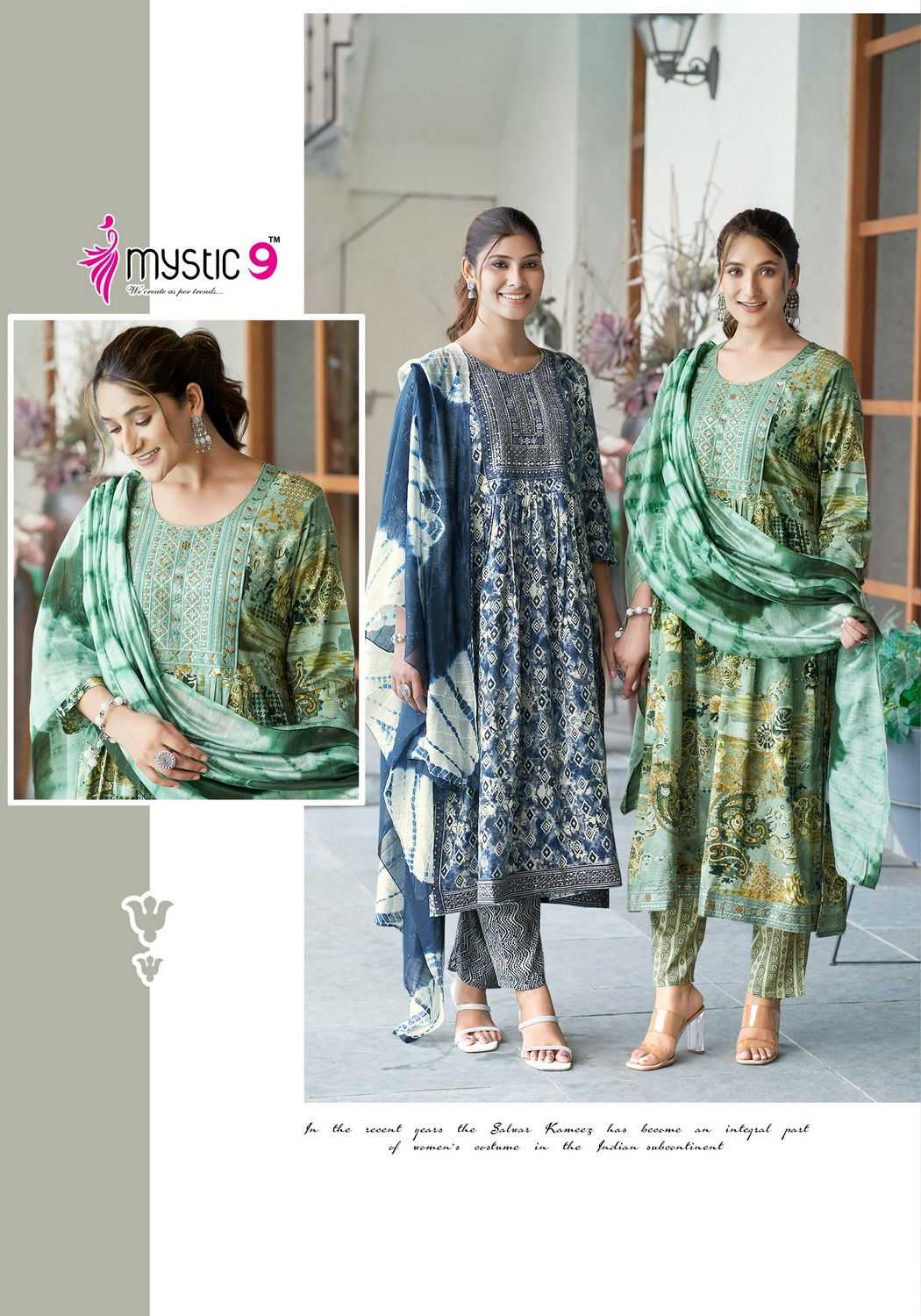 mystic9 presents simran vol 3 full stitch nyra cut style embroidery work big size salwar kameez 