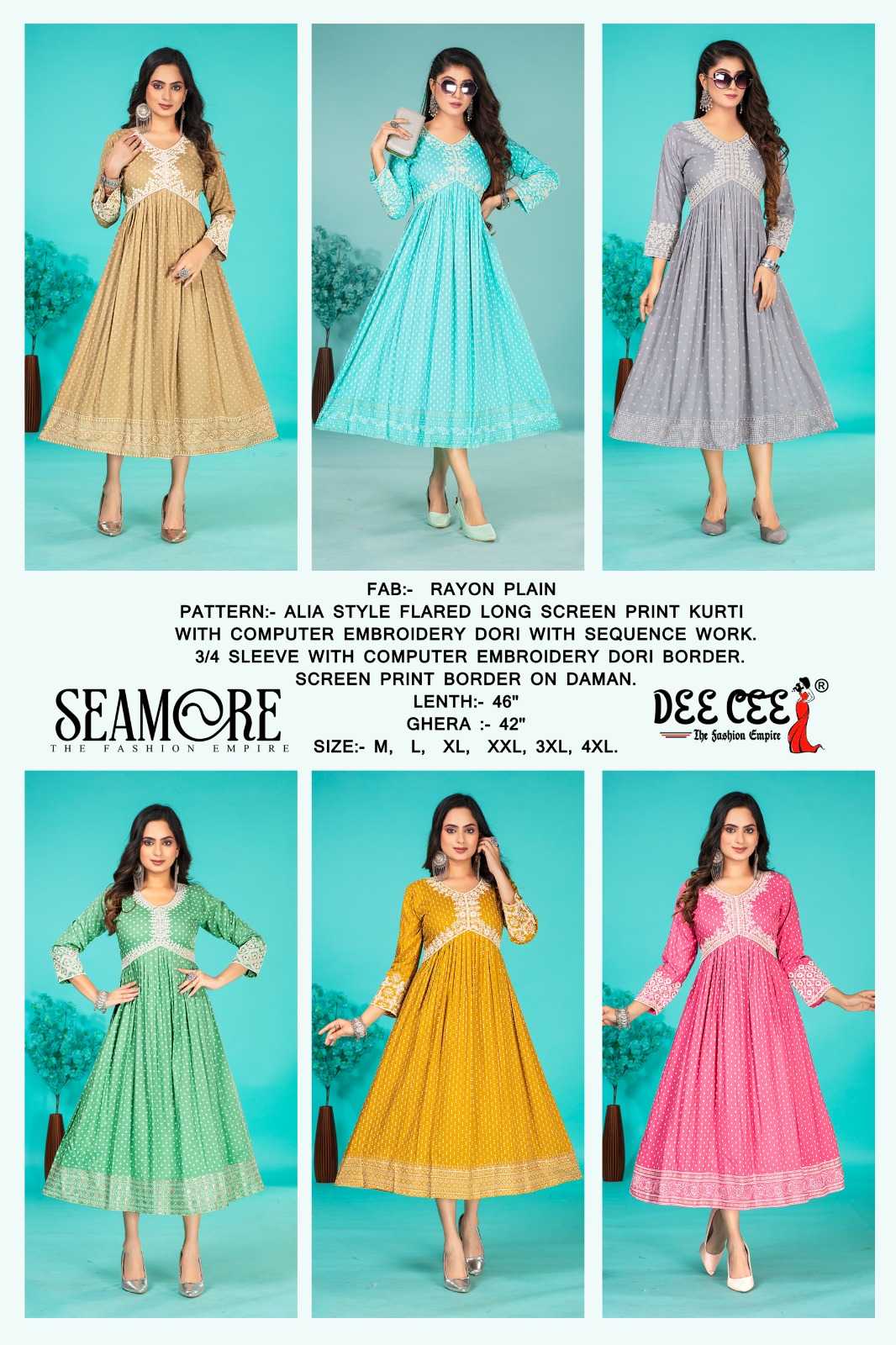 seamore by deecee rayon plain amazing alia style readymade big size long kurti