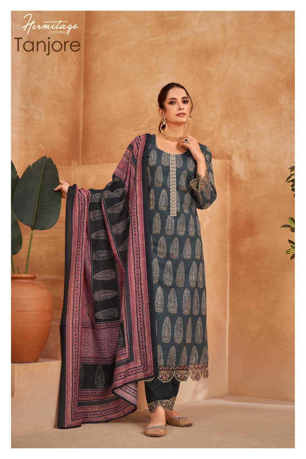 the hermitage tanjore cotton suit with embroidered bottom 