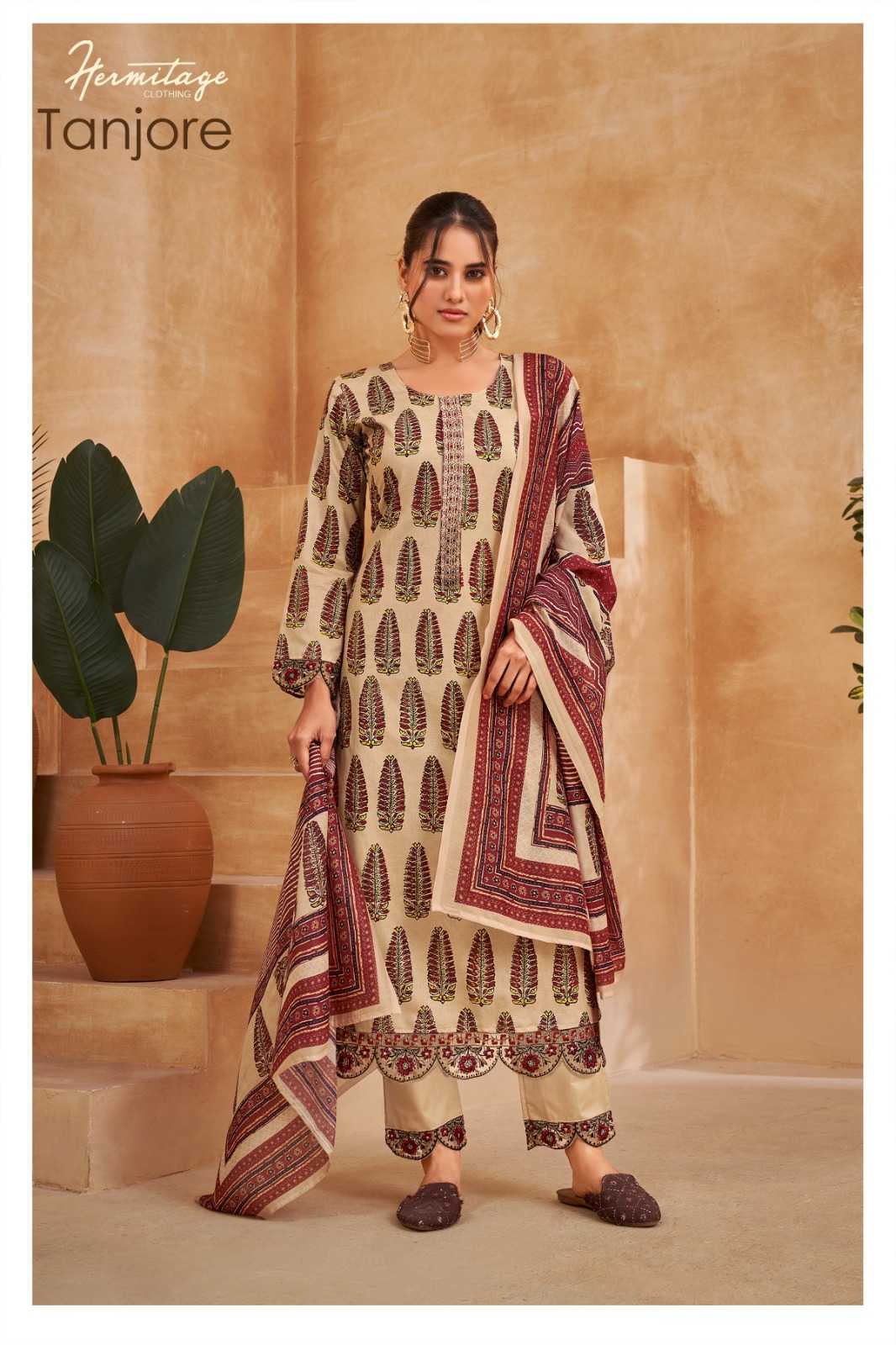 the hermitage tanjore cotton suit with embroidered bottom 