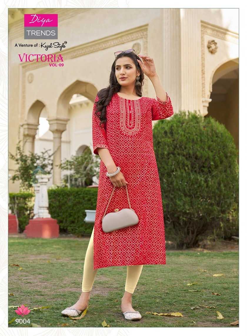 victoria vol 9 by diya trends launch classy rayon readymade big size long kurti 