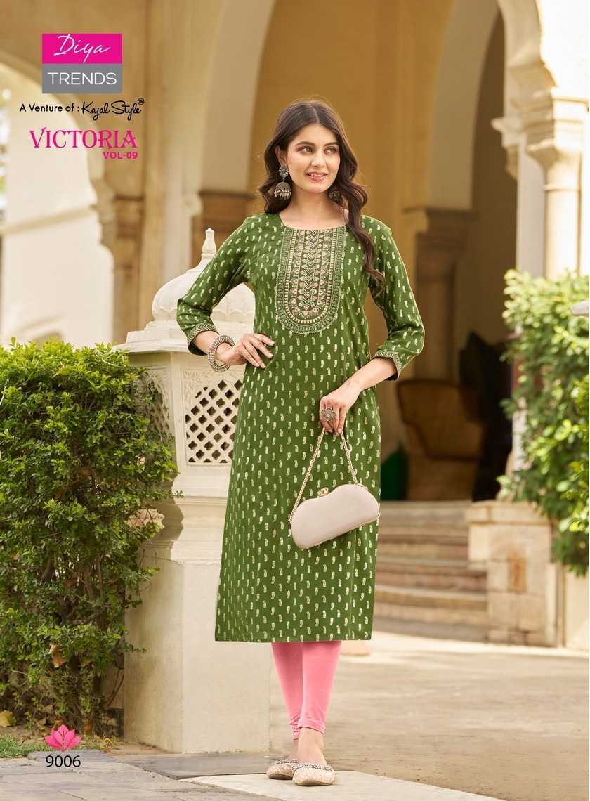 victoria vol 9 by diya trends launch classy rayon readymade big size long kurti 