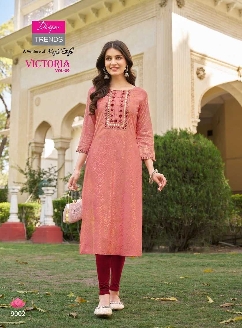 victoria vol 9 by diya trends launch classy rayon readymade big size long kurti 
