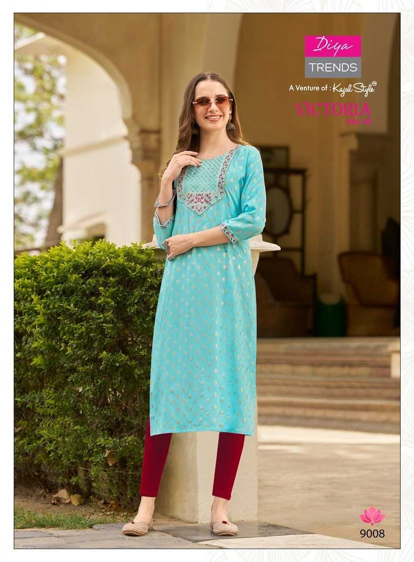 victoria vol 9 by diya trends launch classy rayon readymade big size long kurti 