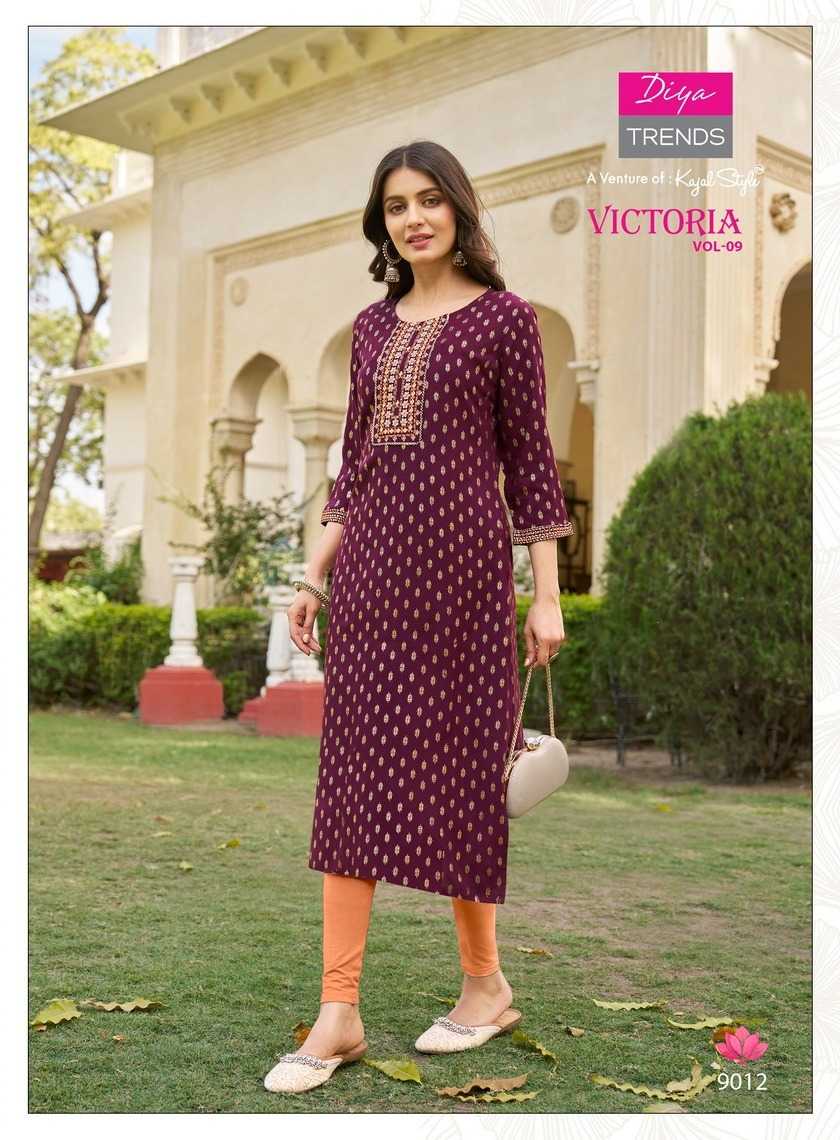 victoria vol 9 by diya trends launch classy rayon readymade big size long kurti 