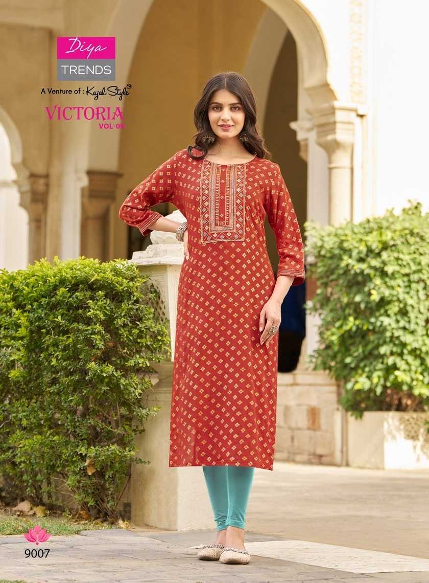 victoria vol 9 by diya trends launch classy rayon readymade big size long kurti 