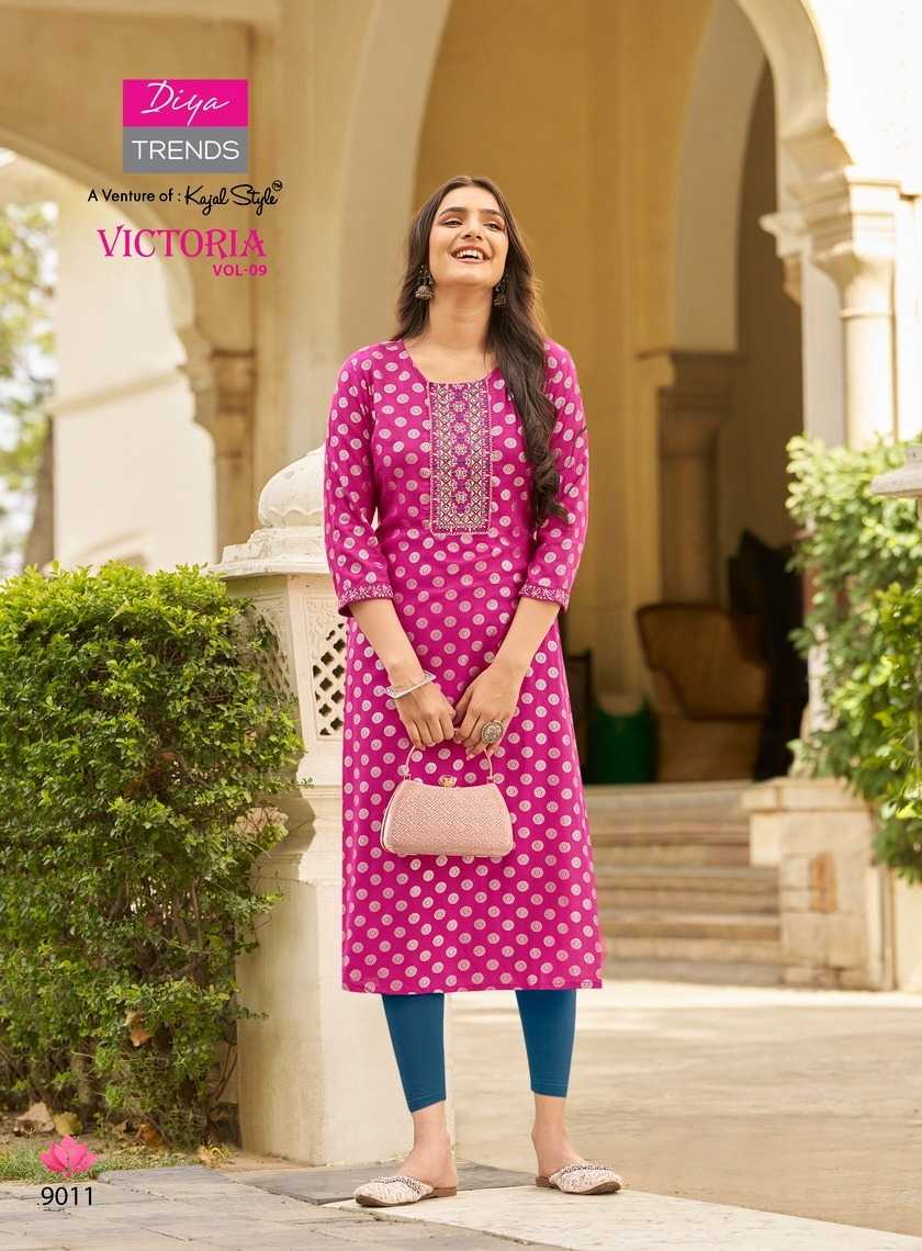 victoria vol 9 by diya trends launch classy rayon readymade big size long kurti 