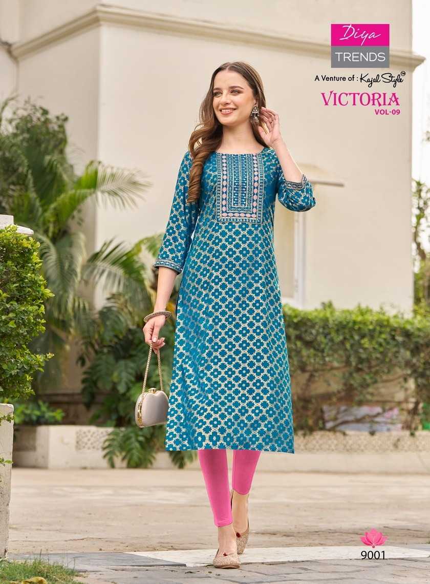 victoria vol 9 by diya trends launch classy rayon readymade big size long kurti 