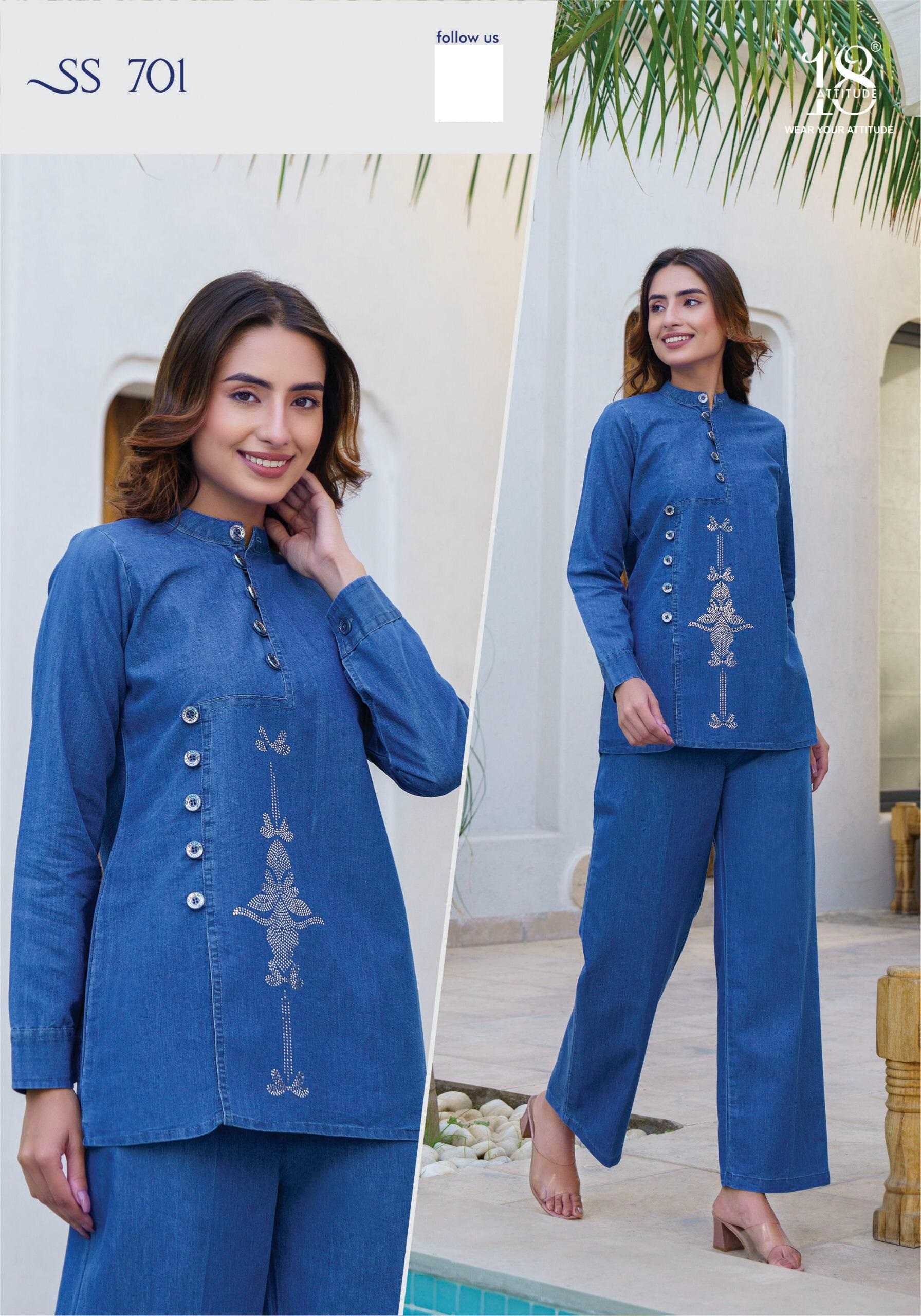 18 attitude launch sho-shaa vol 7 full stitch premium denim stylish outfit cord-sets