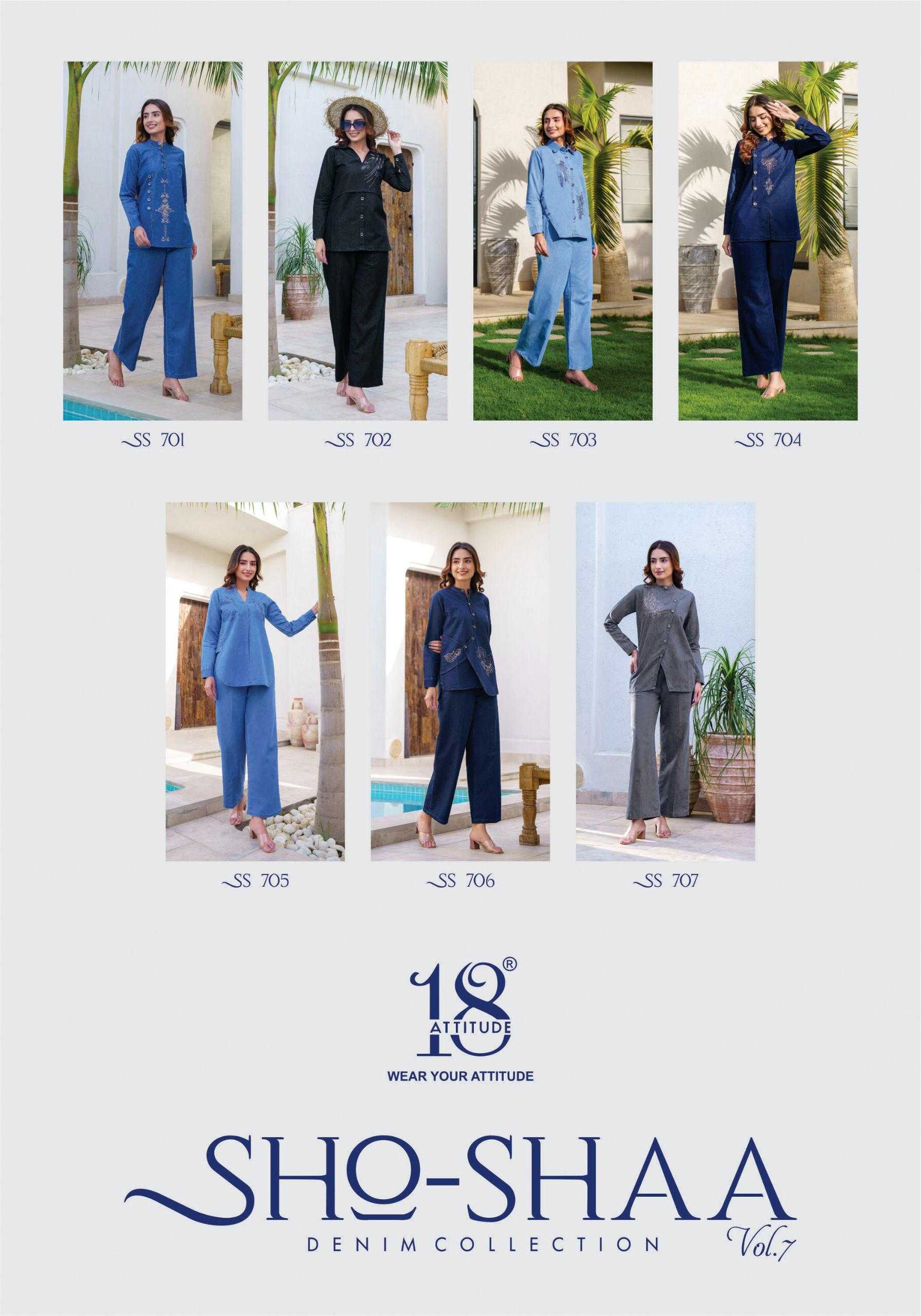 18 attitude launch sho-shaa vol 7 full stitch premium denim stylish outfit cord-sets