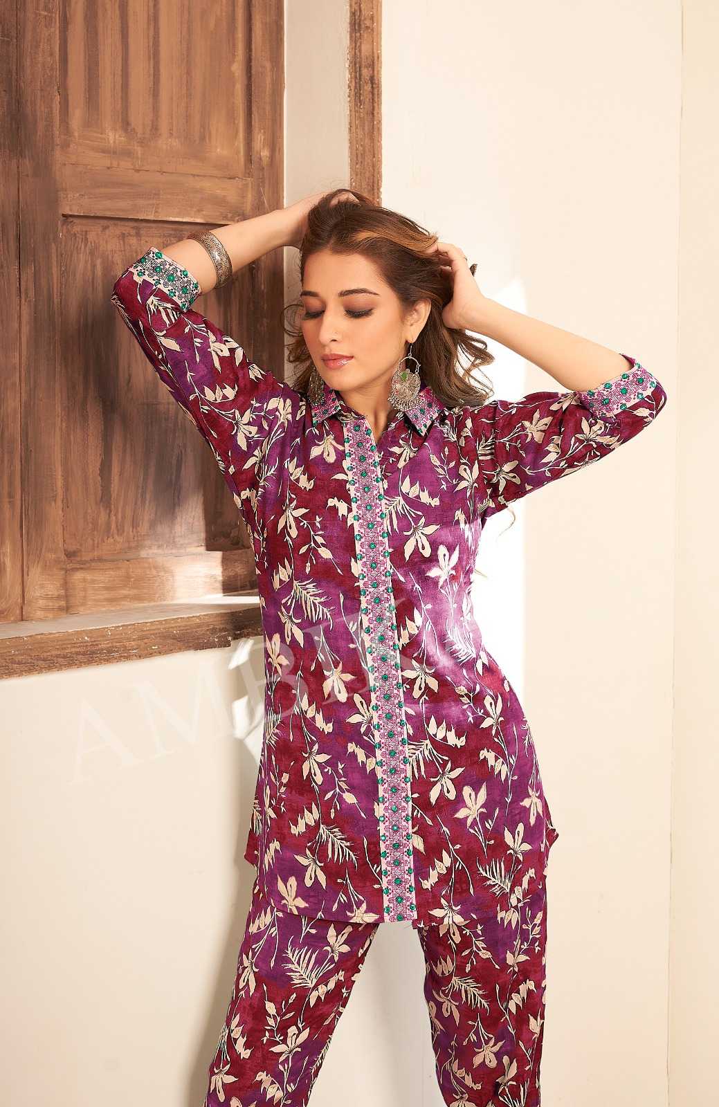 ambika ranisa rayon classy outfit cord set top and bottom readymade collection