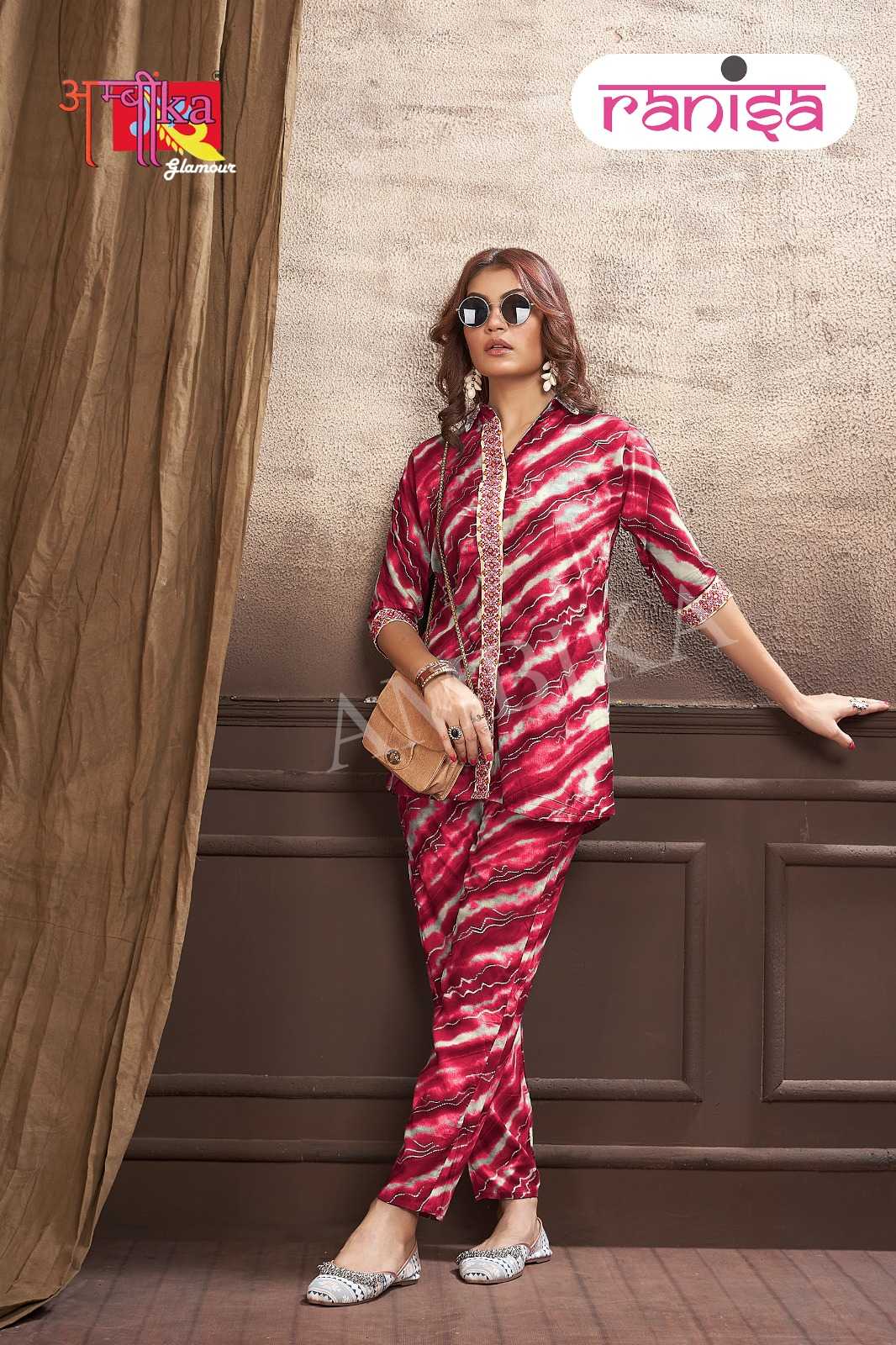 ambika ranisa rayon classy outfit cord set top and bottom readymade collection