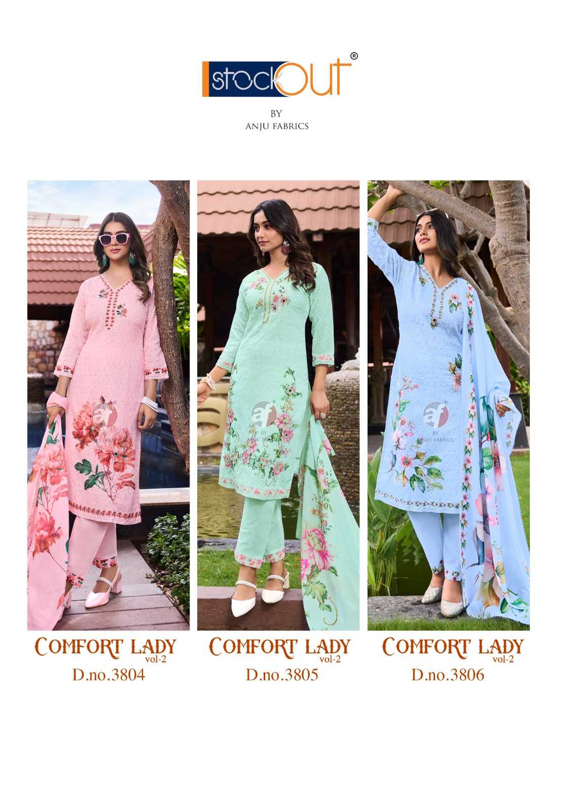 anju fab launch comfort lady vol 2 exclusive party wear cotton schiffli work readymade big size 3pcs dress