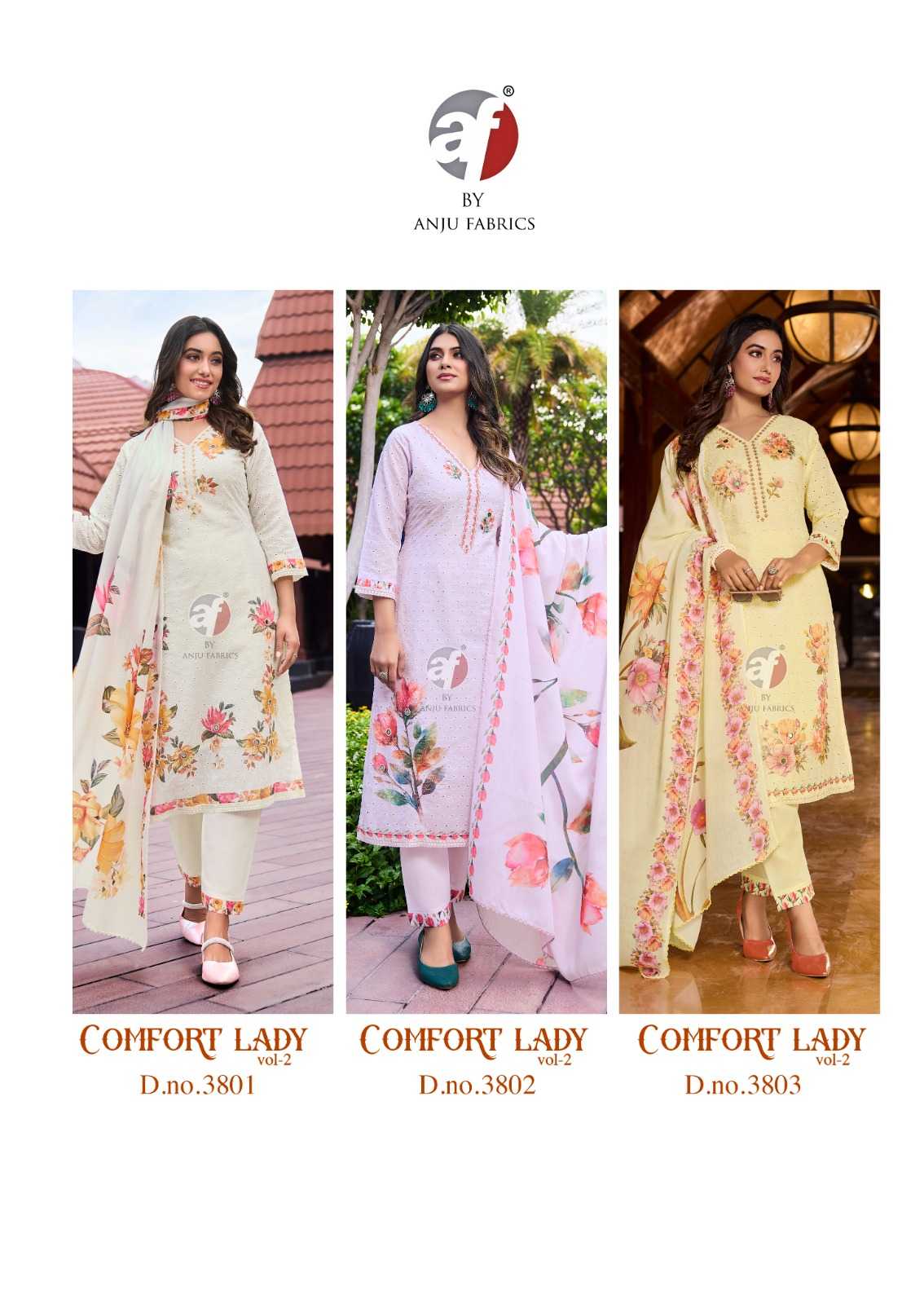 anju fab launch comfort lady vol 2 exclusive party wear cotton schiffli work readymade big size 3pcs dress