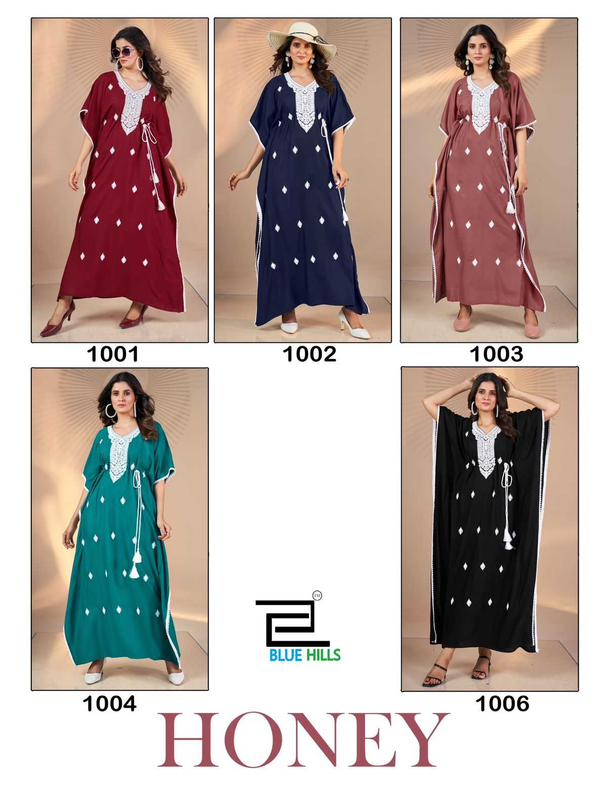 blue hills presents honey white embroidery work new design readymade kaftan catalog