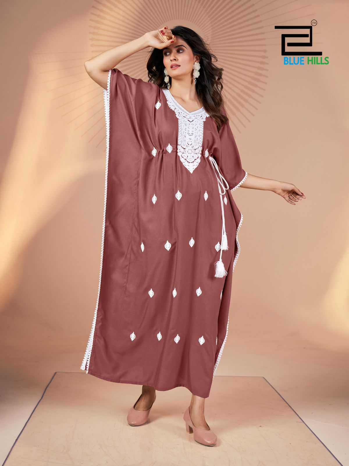 blue hills presents honey white embroidery work new design readymade kaftan catalog