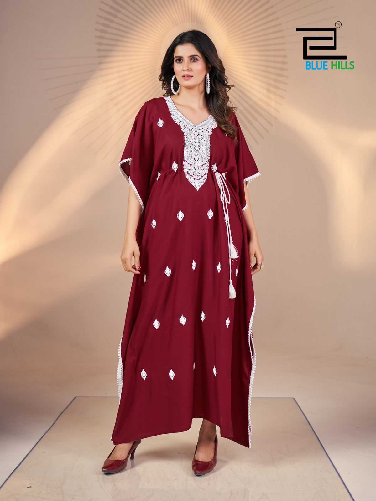blue hills presents honey white embroidery work new design readymade kaftan catalog