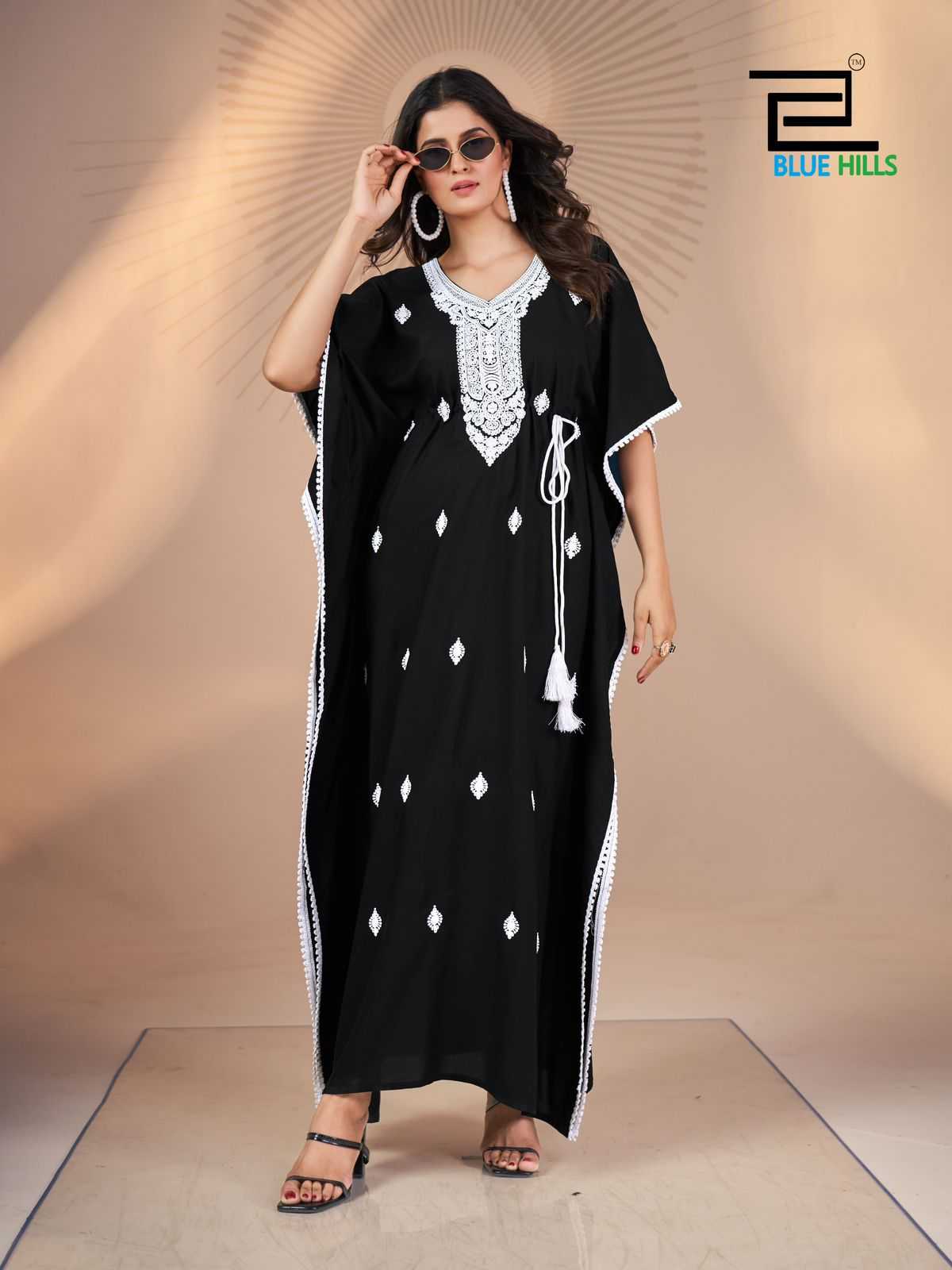 blue hills presents honey white embroidery work new design readymade kaftan catalog