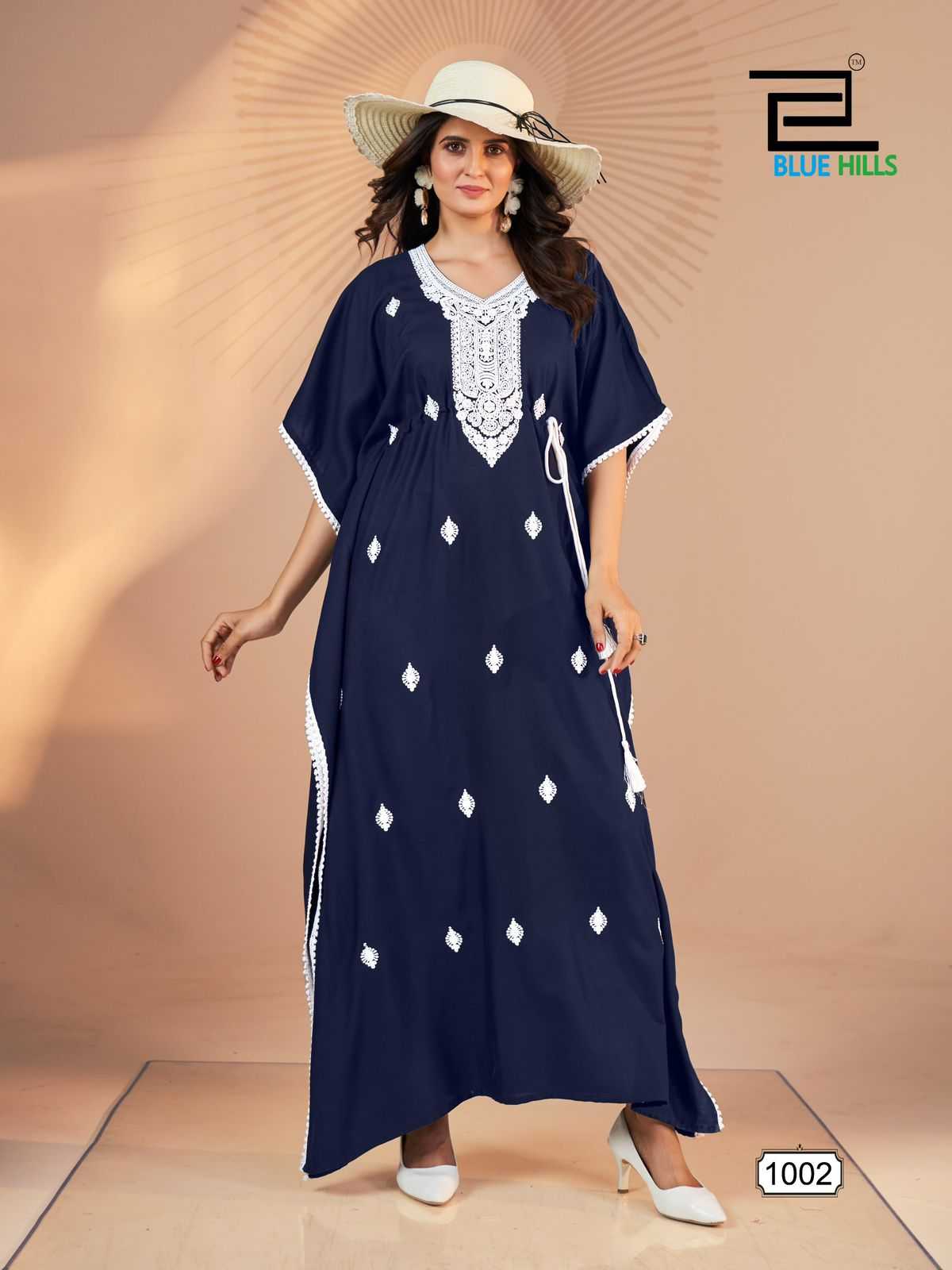 blue hills presents honey white embroidery work new design readymade kaftan catalog