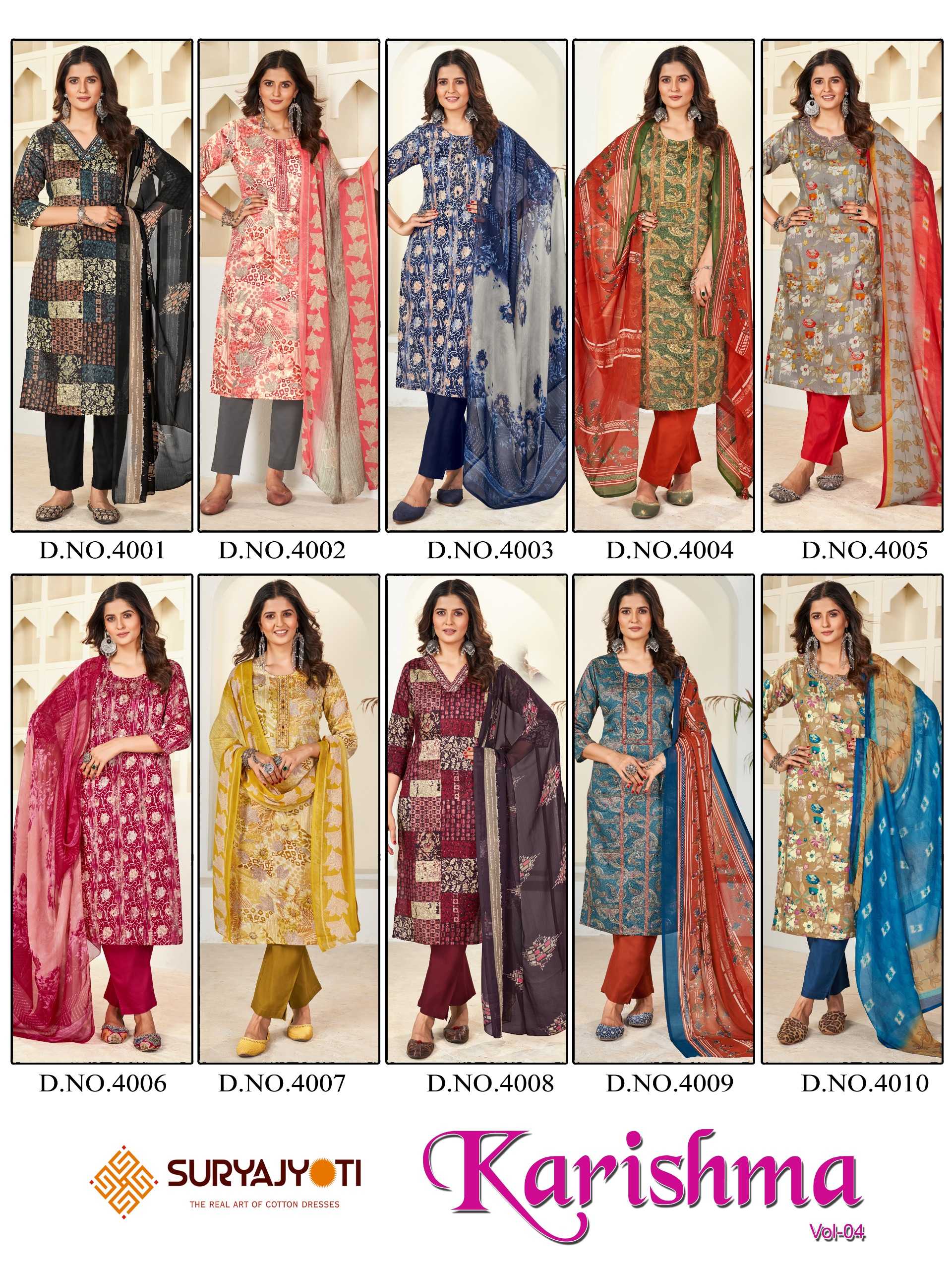 karishma vol 4  by suryajyoti new trendy cotton print neck work full stitch big size salwar suit