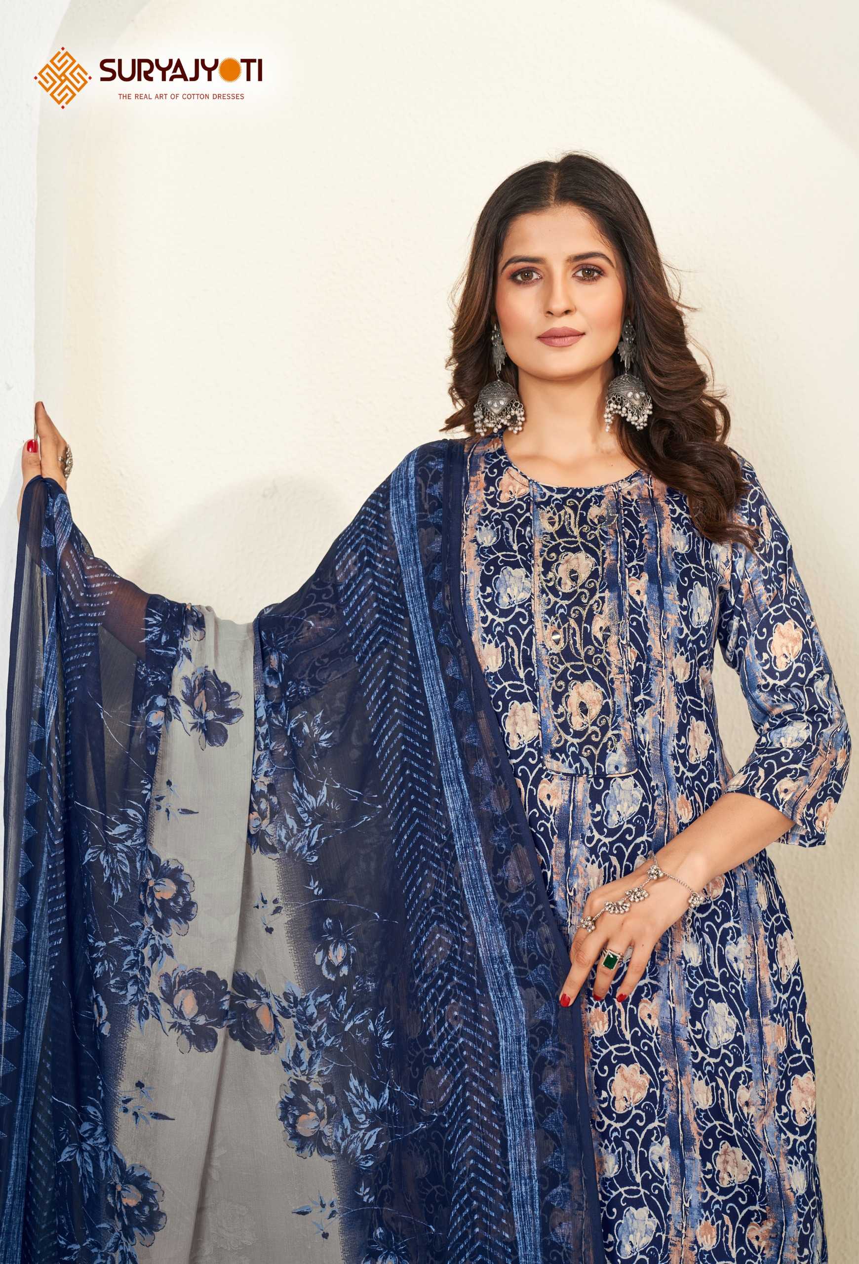 karishma vol 4  by suryajyoti new trendy cotton print neck work full stitch big size salwar suit