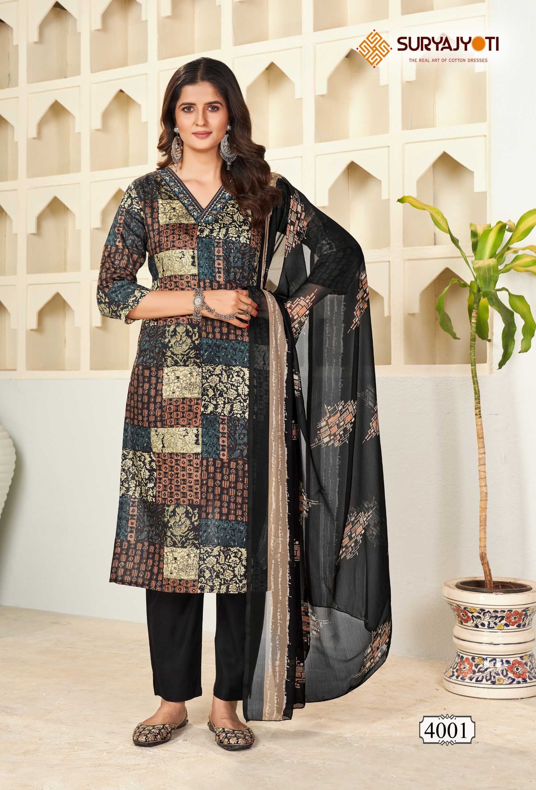 karishma vol 4  by suryajyoti new trendy cotton print neck work full stitch big size salwar suit