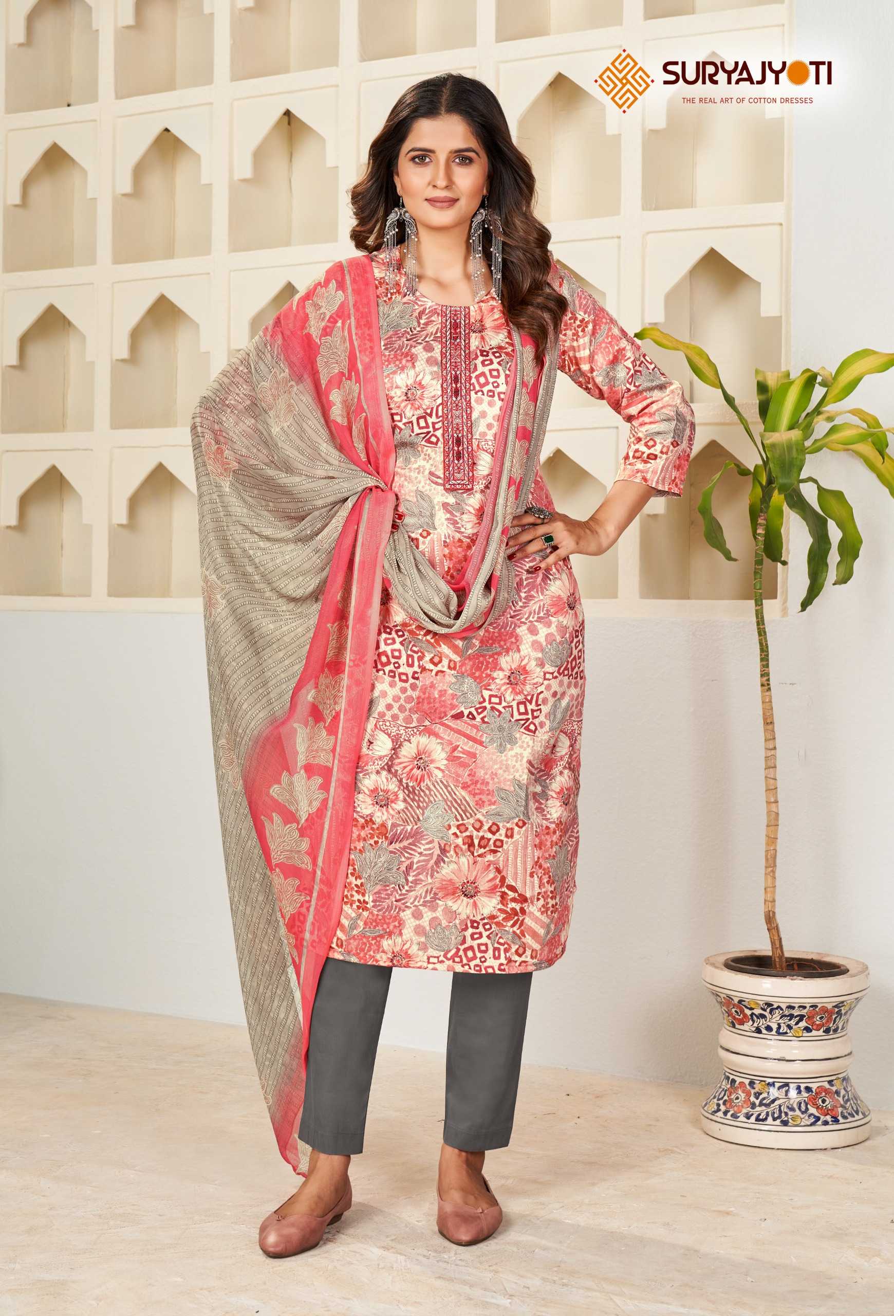 karishma vol 4  by suryajyoti new trendy cotton print neck work full stitch big size salwar suit