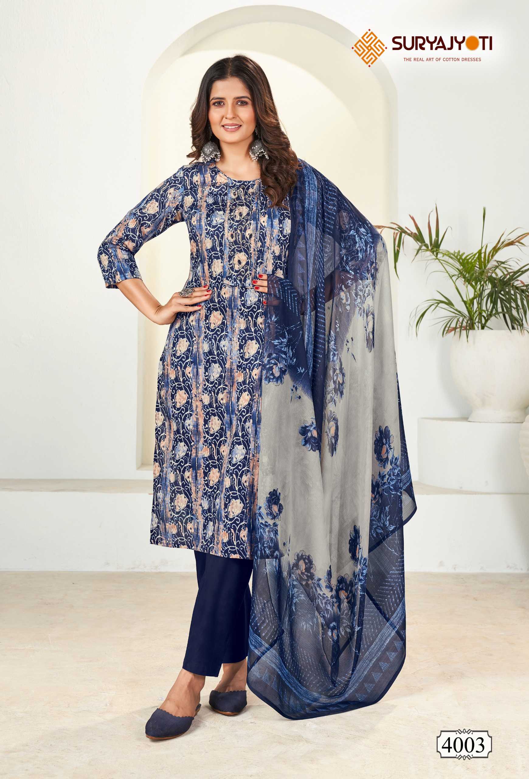 karishma vol 4  by suryajyoti new trendy cotton print neck work full stitch big size salwar suit