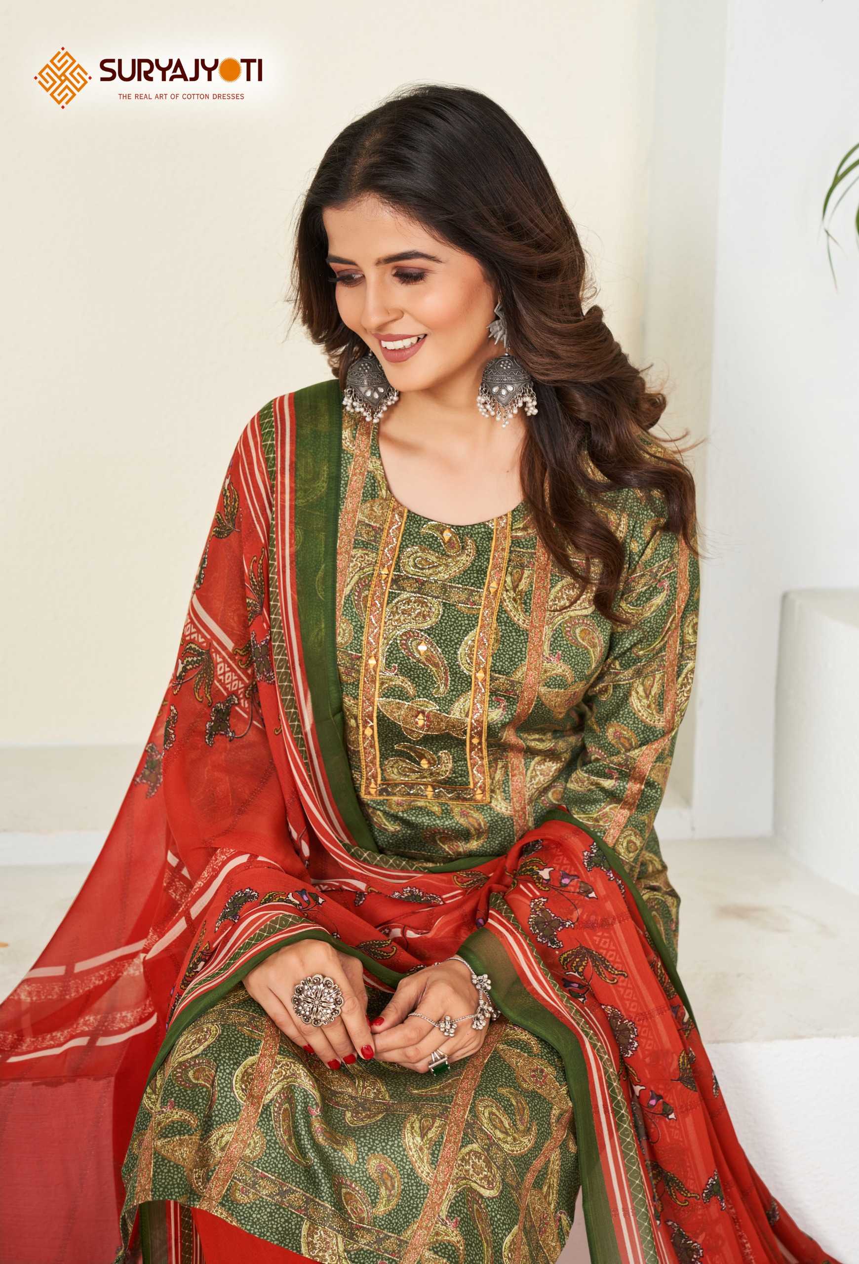 karishma vol 4  by suryajyoti new trendy cotton print neck work full stitch big size salwar suit