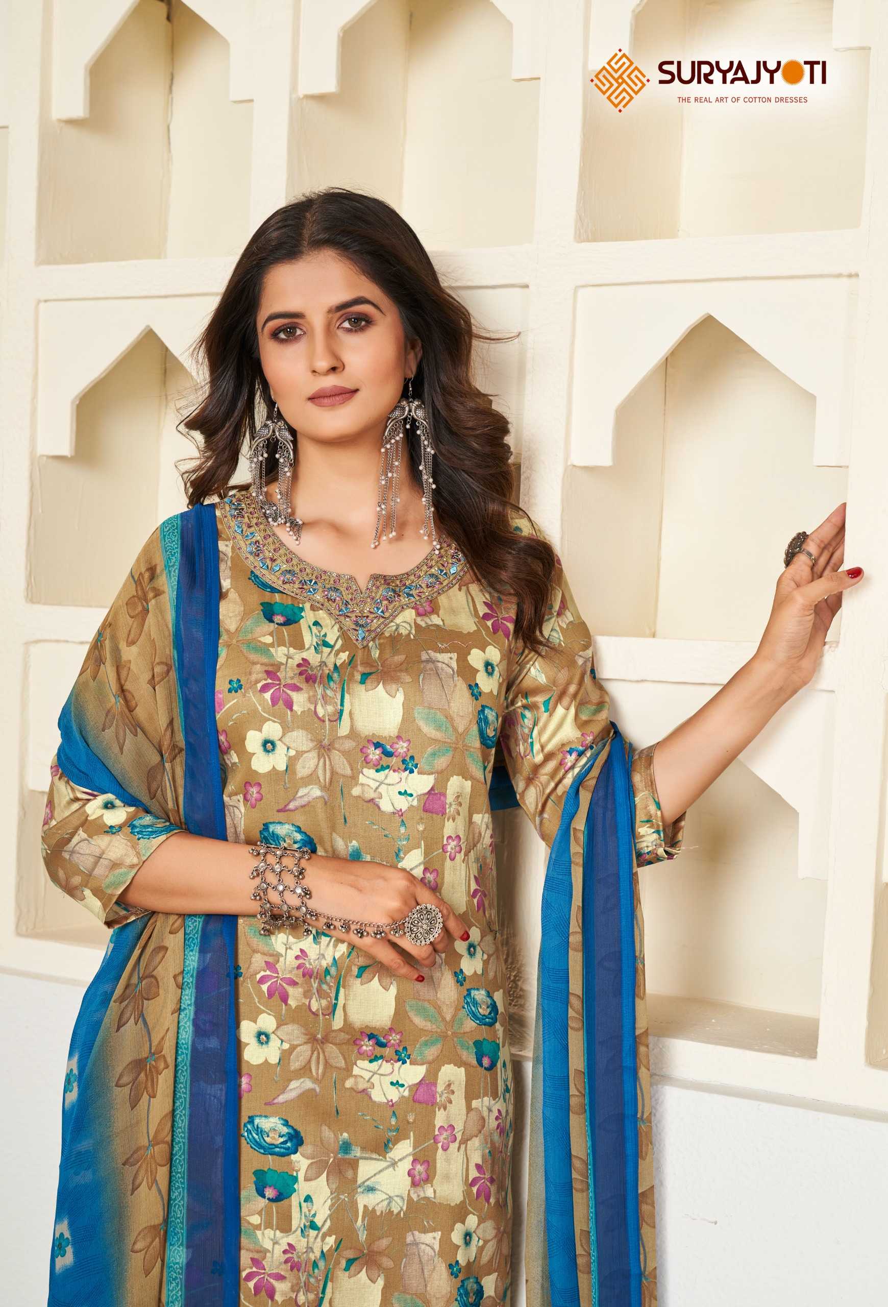 karishma vol 4  by suryajyoti new trendy cotton print neck work full stitch big size salwar suit