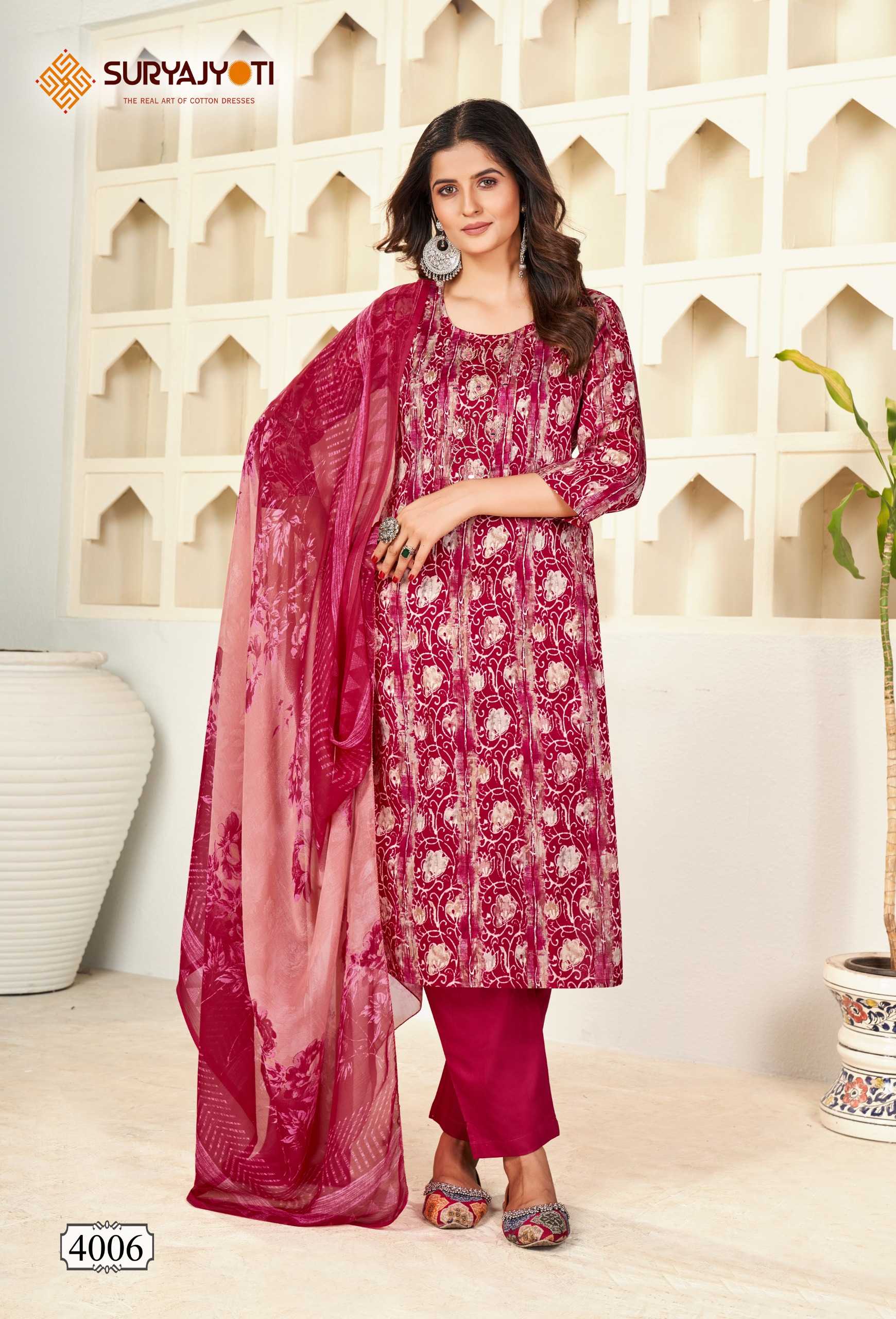 karishma vol 4  by suryajyoti new trendy cotton print neck work full stitch big size salwar suit