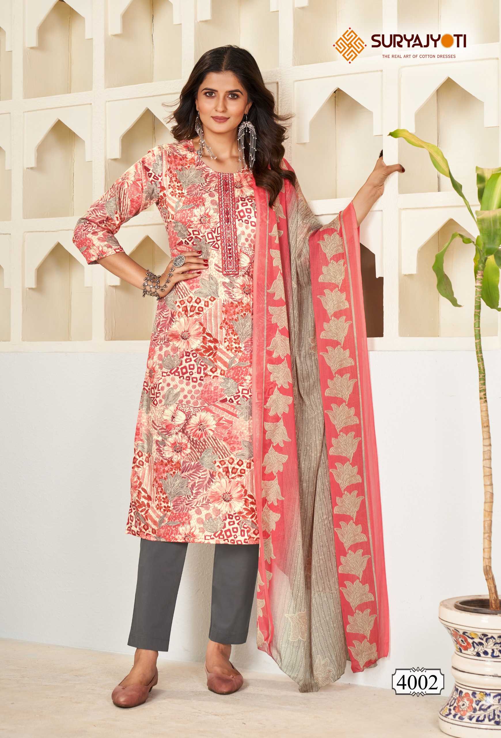 karishma vol 4  by suryajyoti new trendy cotton print neck work full stitch big size salwar suit