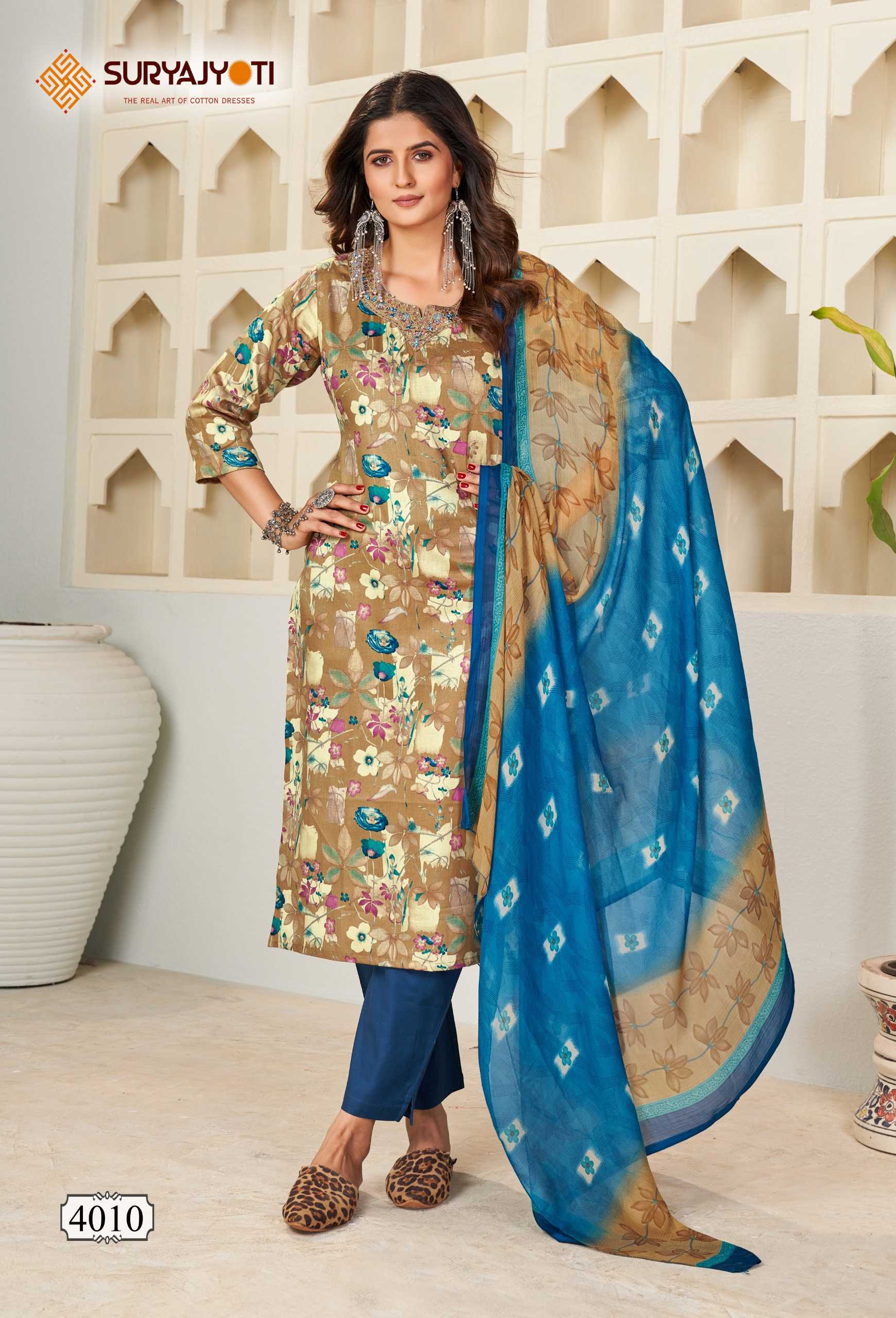 karishma vol 4  by suryajyoti new trendy cotton print neck work full stitch big size salwar suit