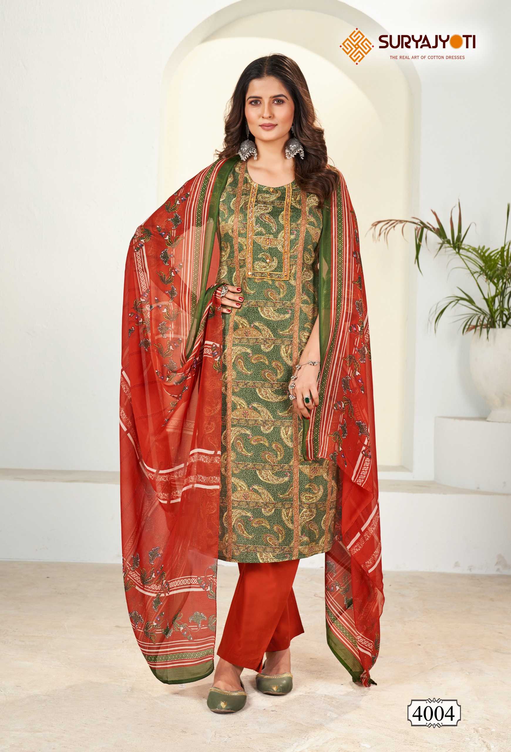 karishma vol 4  by suryajyoti new trendy cotton print neck work full stitch big size salwar suit