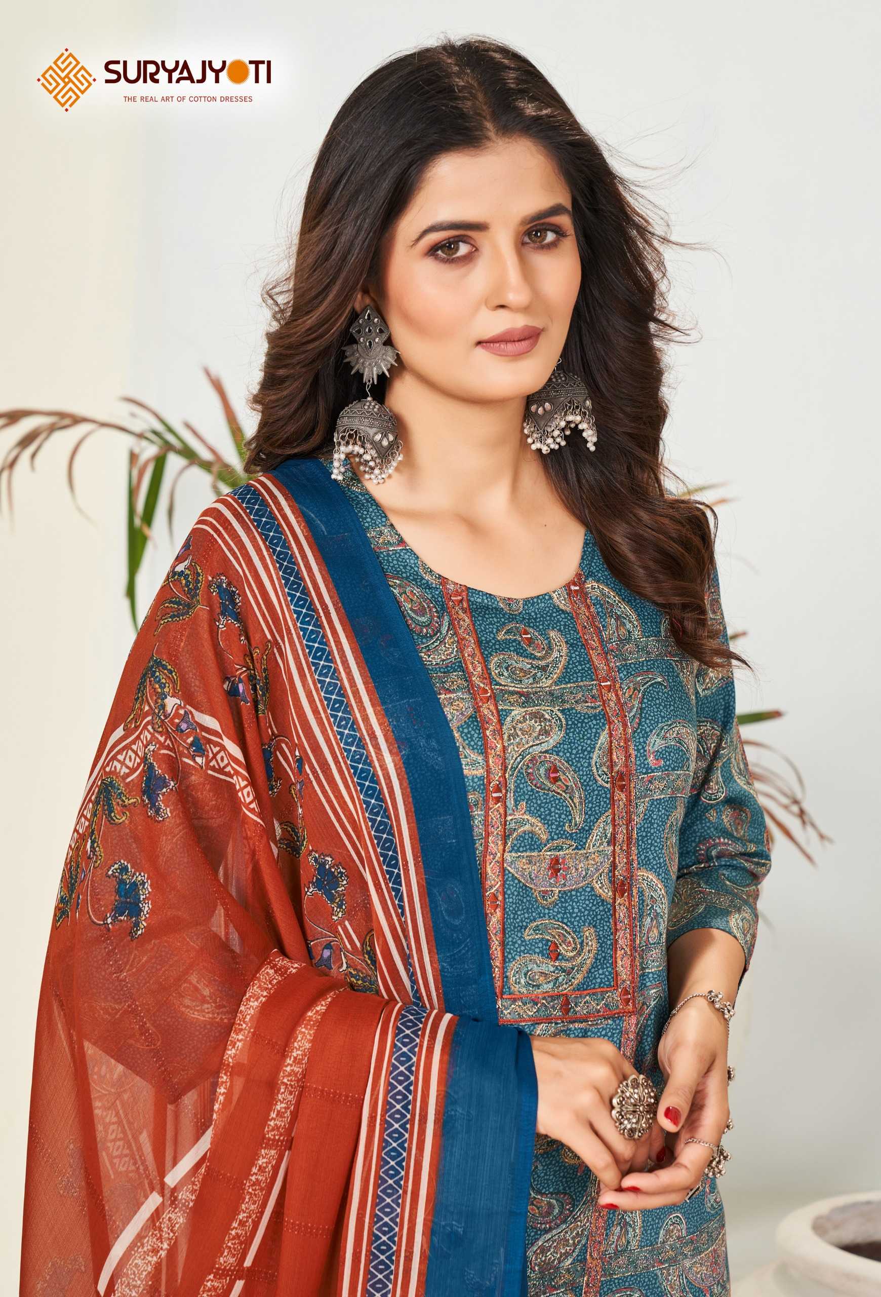karishma vol 4  by suryajyoti new trendy cotton print neck work full stitch big size salwar suit