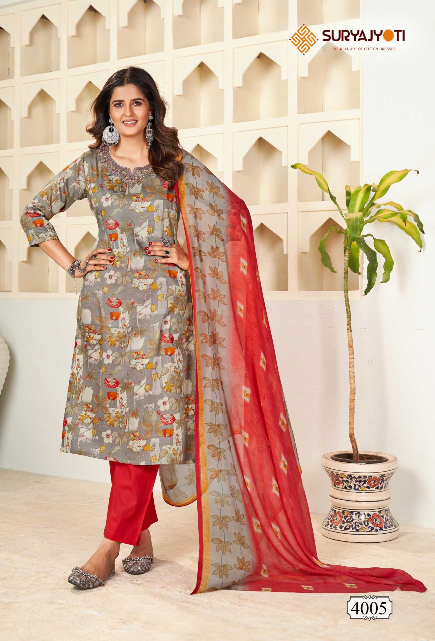 karishma vol 4  by suryajyoti new trendy cotton print neck work full stitch big size salwar suit