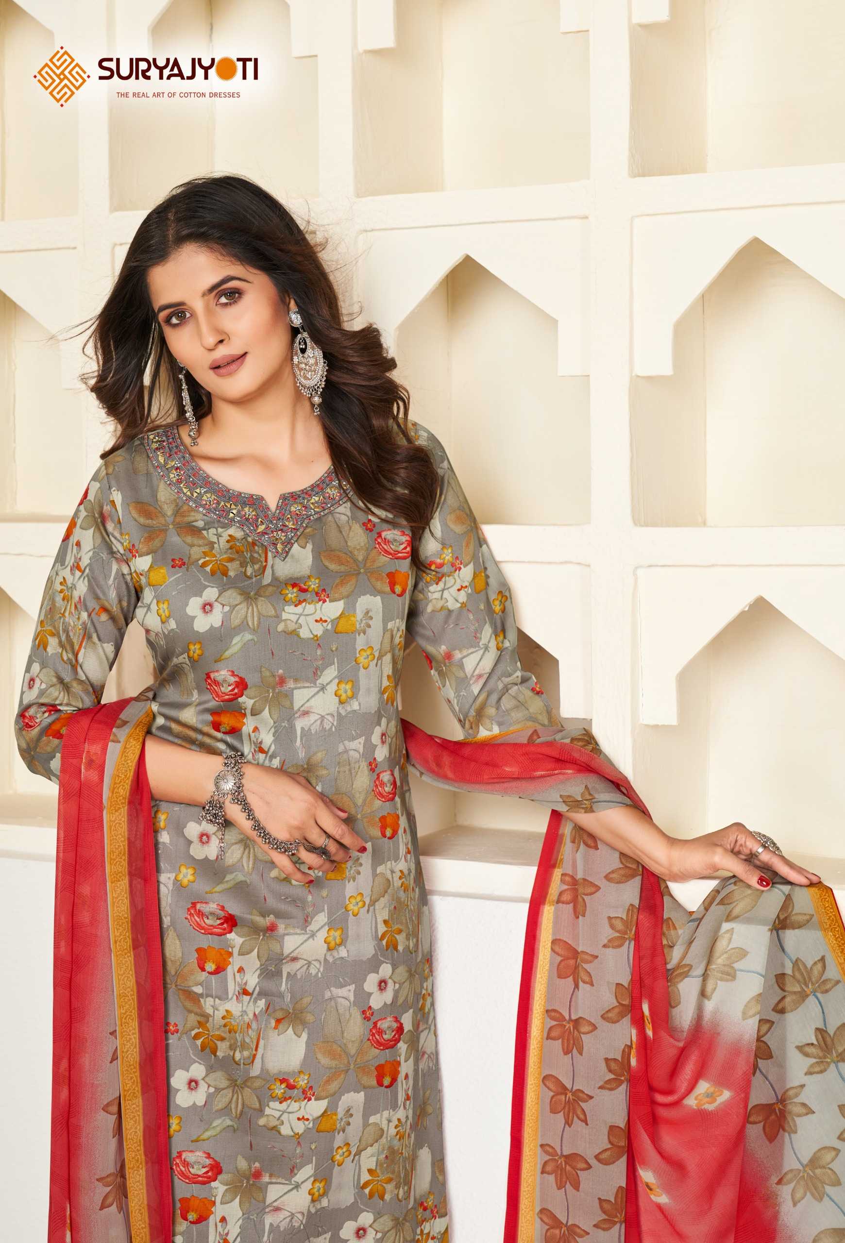 karishma vol 4  by suryajyoti new trendy cotton print neck work full stitch big size salwar suit