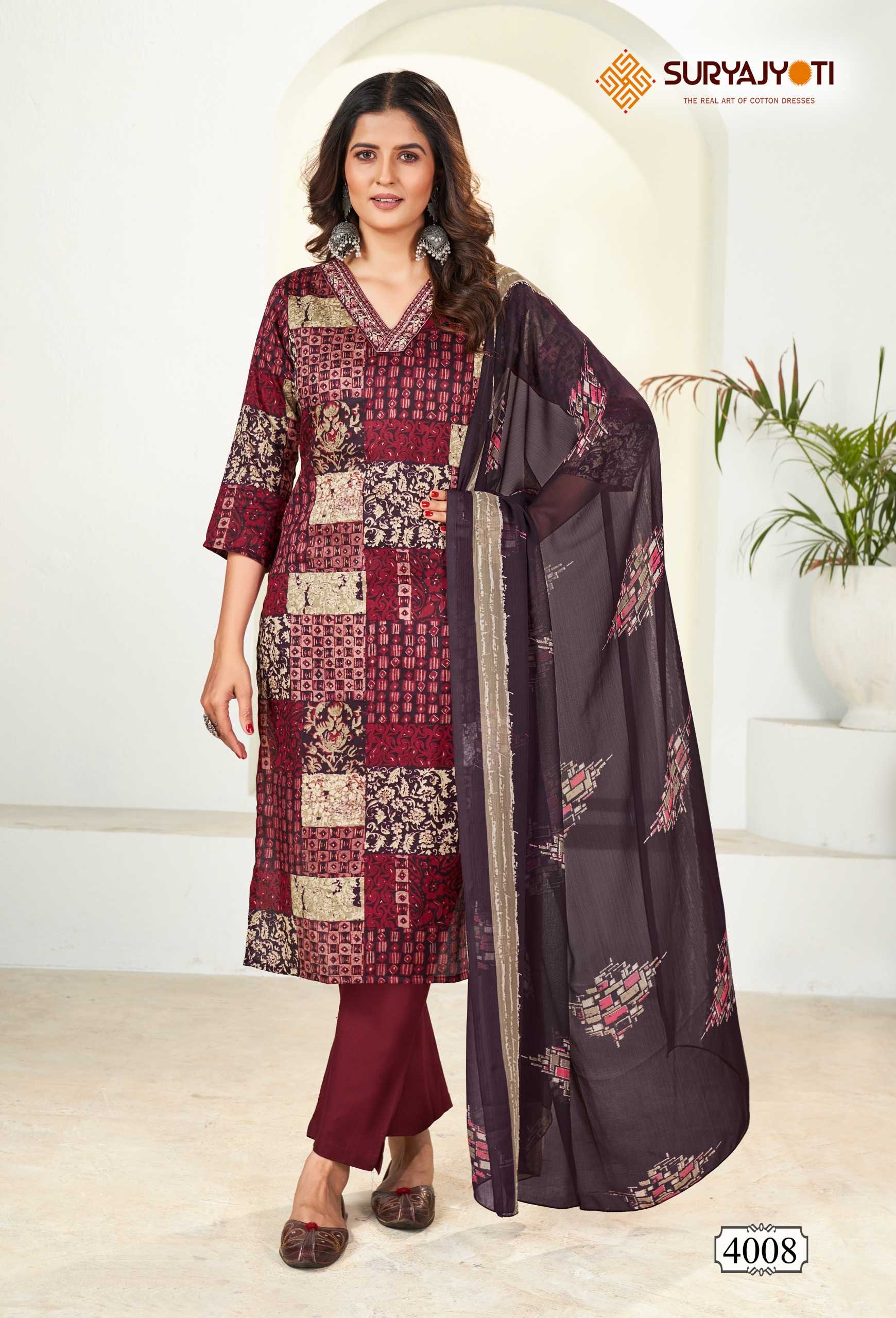 karishma vol 4  by suryajyoti new trendy cotton print neck work full stitch big size salwar suit