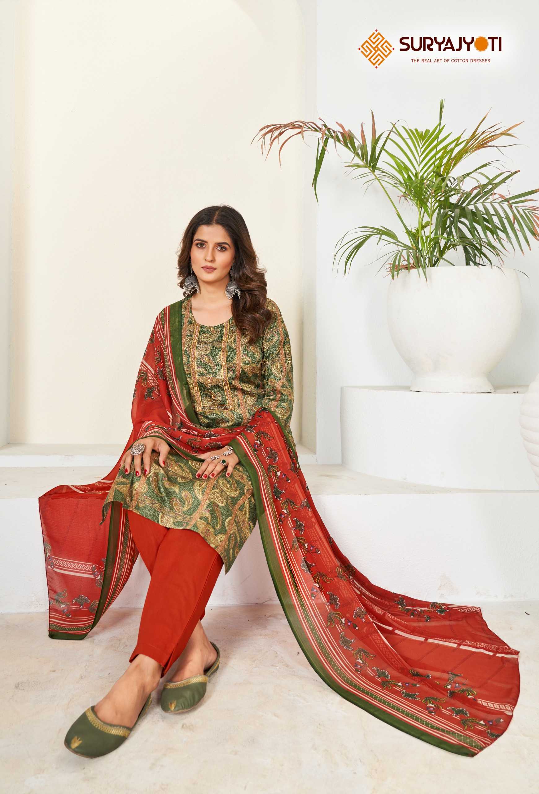 karishma vol 4  by suryajyoti new trendy cotton print neck work full stitch big size salwar suit